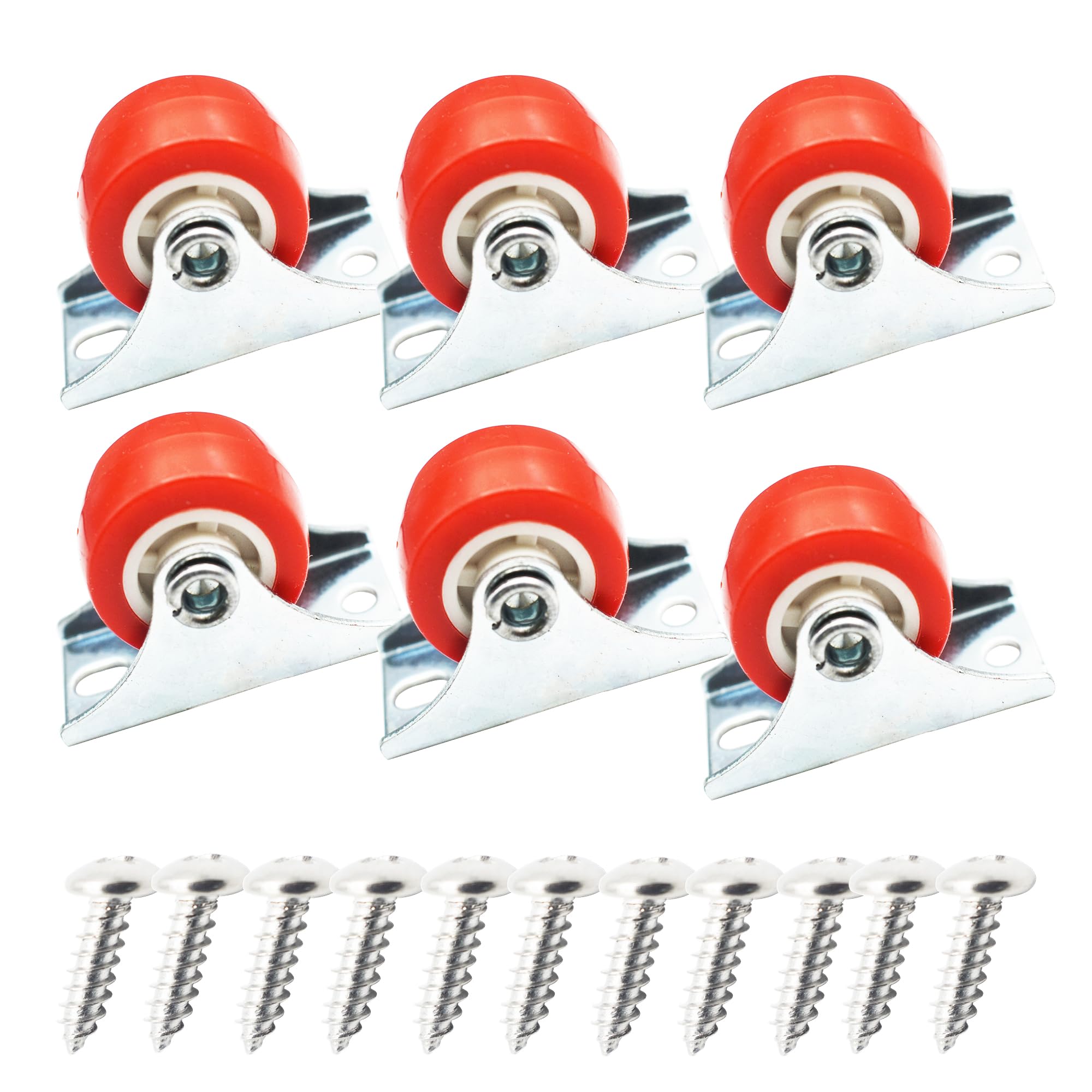 1 inch Rigid No-Swivel Plate Casters Small Rubber Wheels for Furniture and Workbench 6 Packs(Free Screws), Red (PVC)