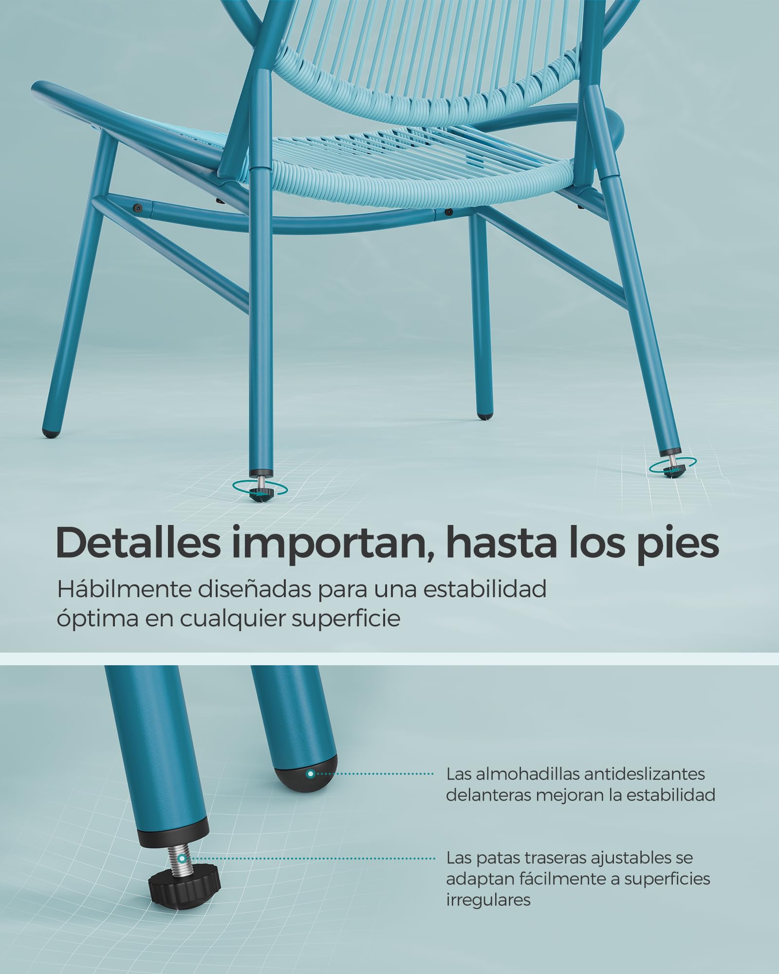 SONGMICS Conjunto Muebles de Jardín, 3 Piezas, Sillas Acapulco, Asientos de Exterior, Mesa Auxiliar y 2 Sillas, Conjunto para Interior y Exterior, Patio Balcón, Azul Lago GGF021L01