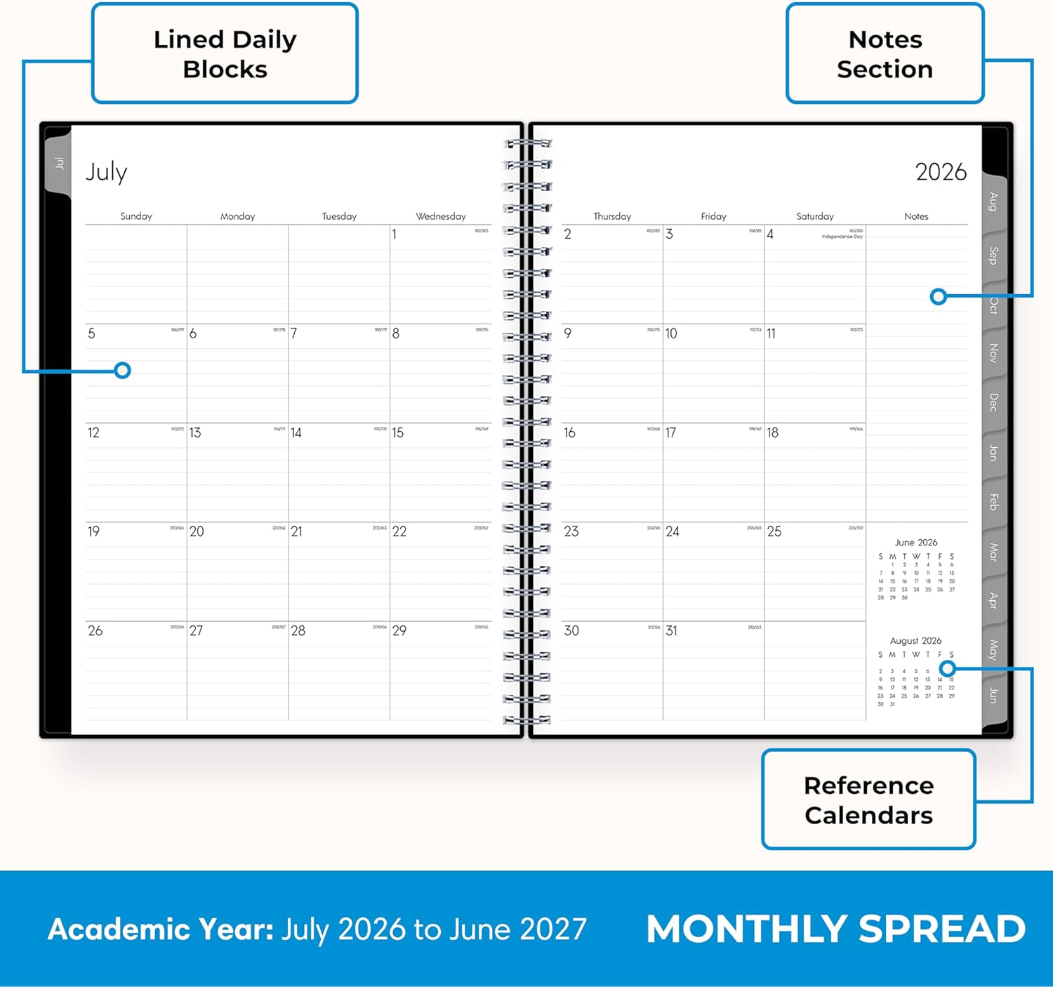 Blue Sky Weekly and Monthly Academic Year Planner Calendar, July - June, 8" x 10.875", Flexible Cover, Wirebound, Laminated Tabs, Pound (Dainian- 2026/2027, 8" x 10.875")