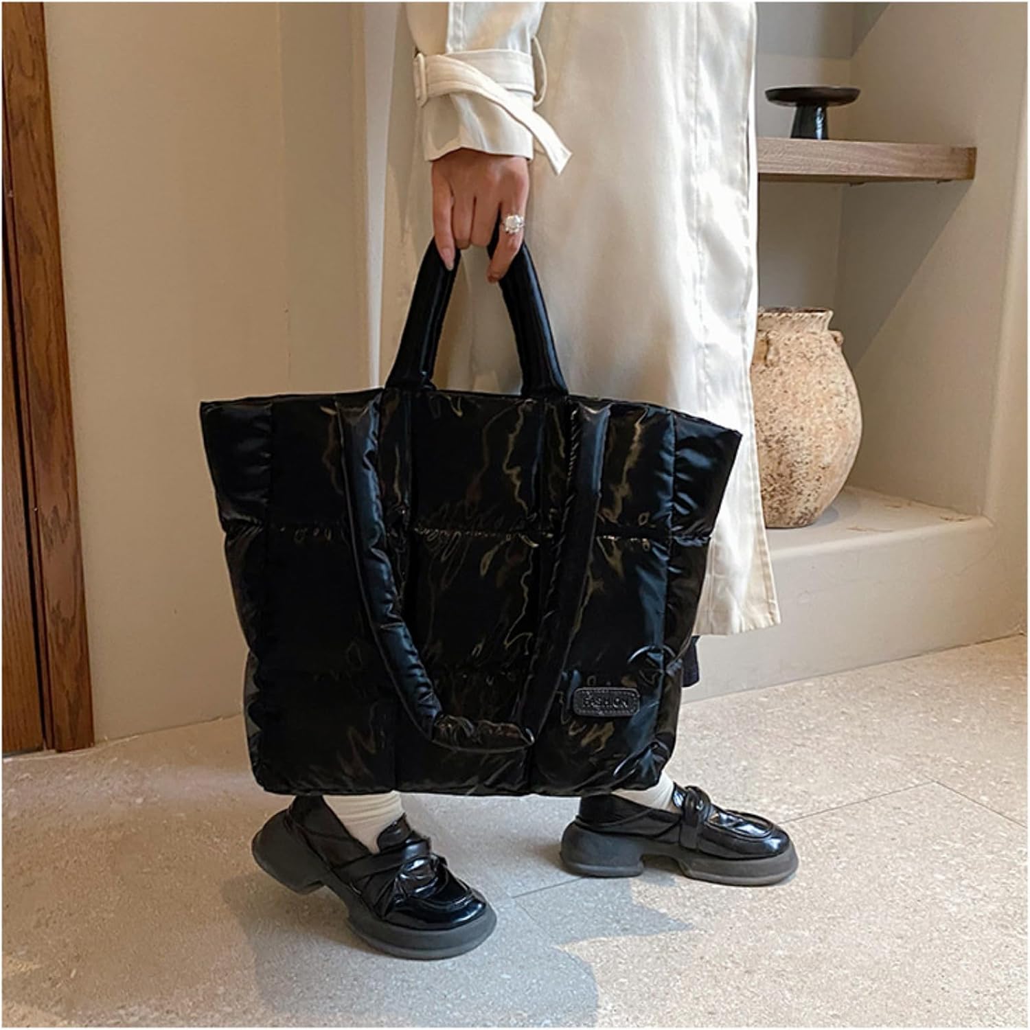 Puffy Tote Bag Padded Puffer Lattice Handbags for Women Large Capacity Quilted Shoulder Bag Trendy Padding Bag