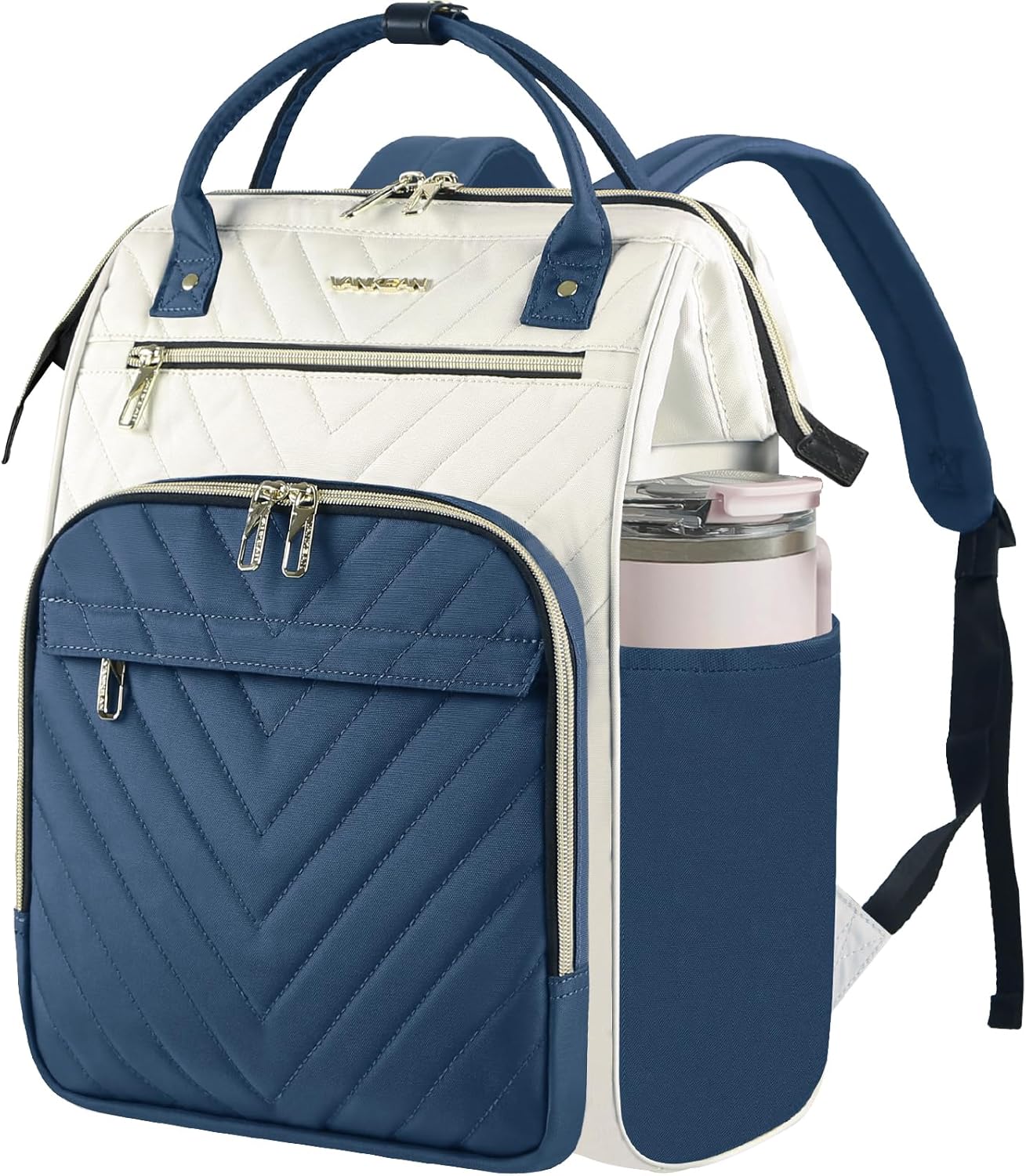 VANKEAN 17 Inch Laptop Backpack for Women Men Fashion Computer Work Bag, Large Capacity Waterproof Backpack with USB Port & RFID Pockets, College Daypack Business Travel, Beige-Haze blue