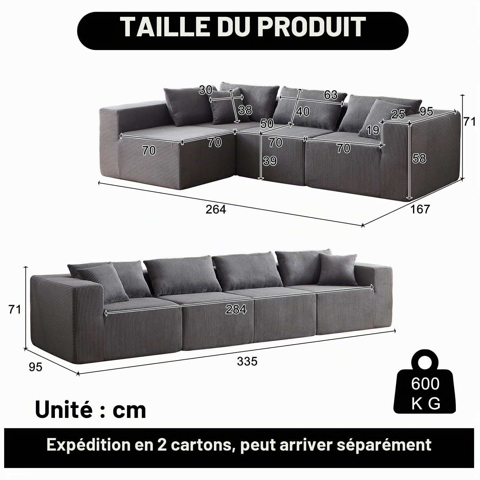 Yihomfy Canape d Angle Modulable, Canapé Compressé 4 Places, Boneless Couch Sofa, Canape Lit Convertible, Velours Côtelé, Mousse, Peut être Combiné Librement, pour Salon, Chambre à Coucher