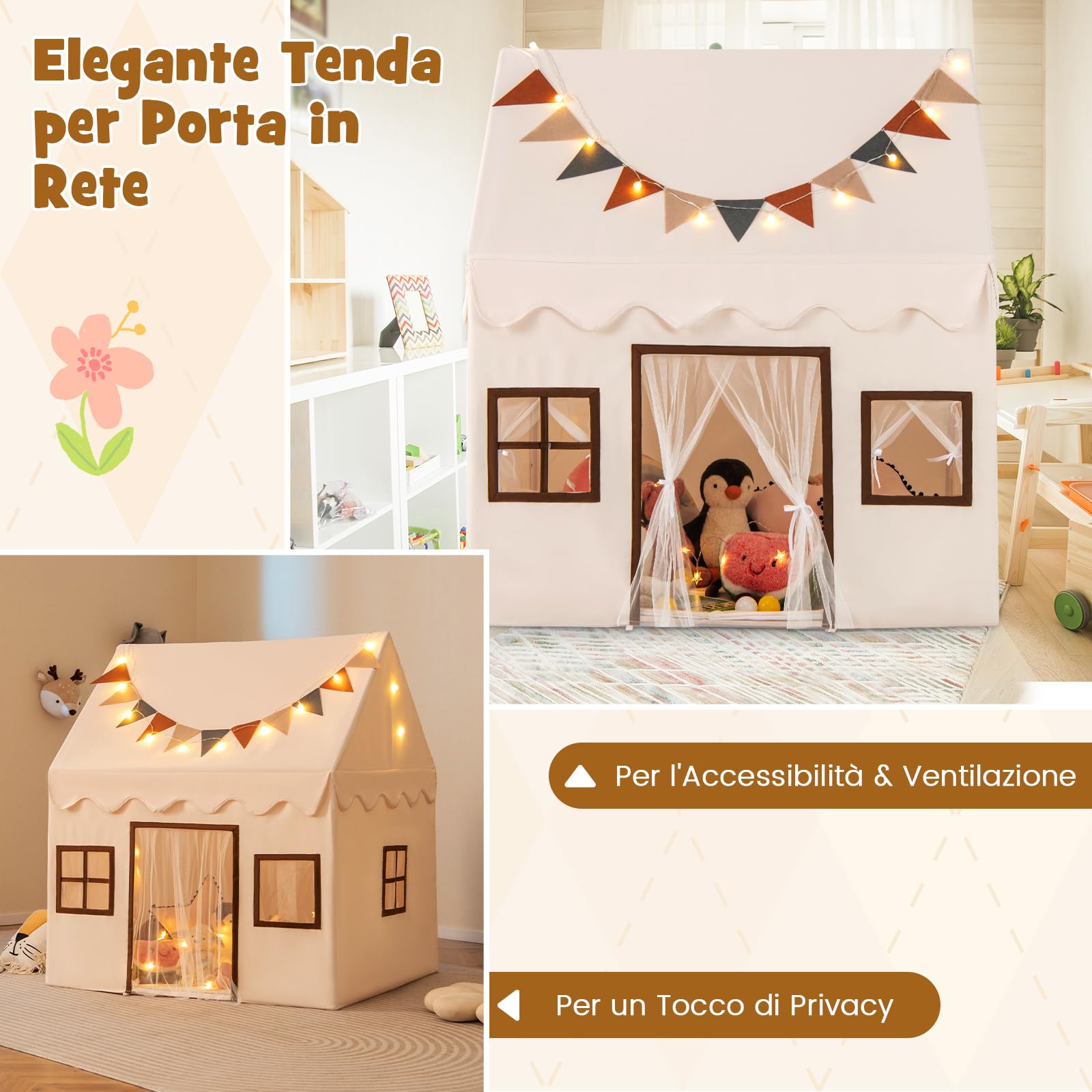 RELAX4LIFE Tenda da Gioco con Tappetino Imbottito, Casa Gioco per Bambini con Luci a Stringa e Bandiere Colorate, 3 Finestre e Tende in Rete, Casa Gioco per Interni ed Esterni per Bambini 3 ANNI+