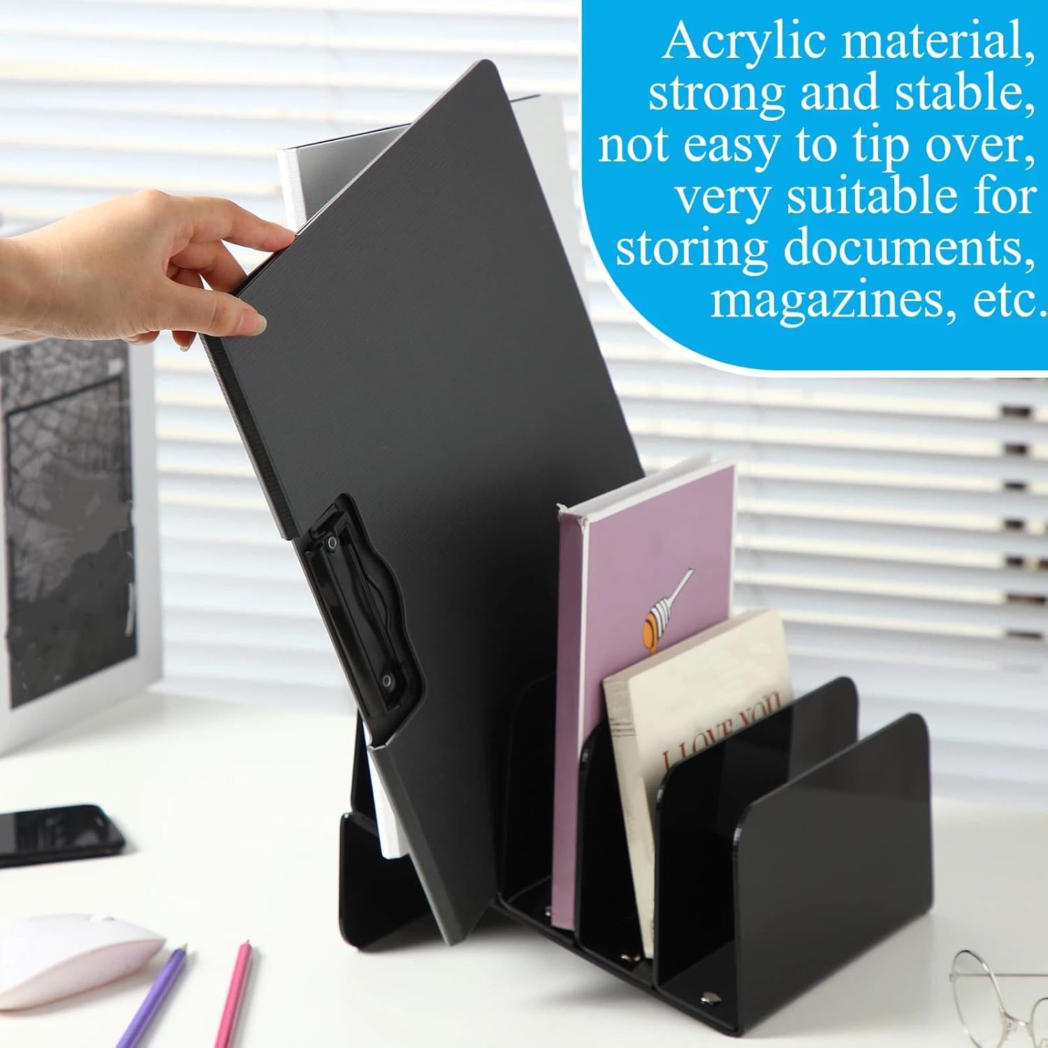 Chunful Acrylic Desk Organizer, 5 Section Desk File Holder Sorter Stand Rack Vertical Organizer Desktop Vinyl Storage Display for Record Album Book Magazine Document Home Office(Black)