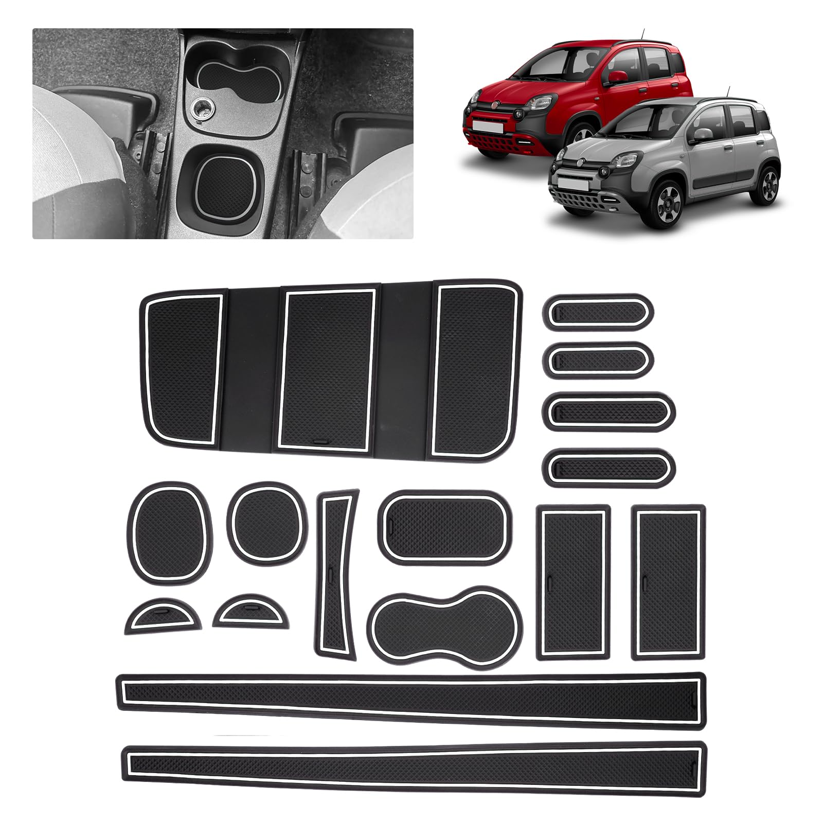 Compatibile con Fiat Panda Cross Hybrid 4x2 2021-2024 2025 Tappetini Antiscivolo per Fiat Panda Tappetini in Gomma per Console Centrale, Porta Bicchieri, Scanalatura Porta (Bianco)