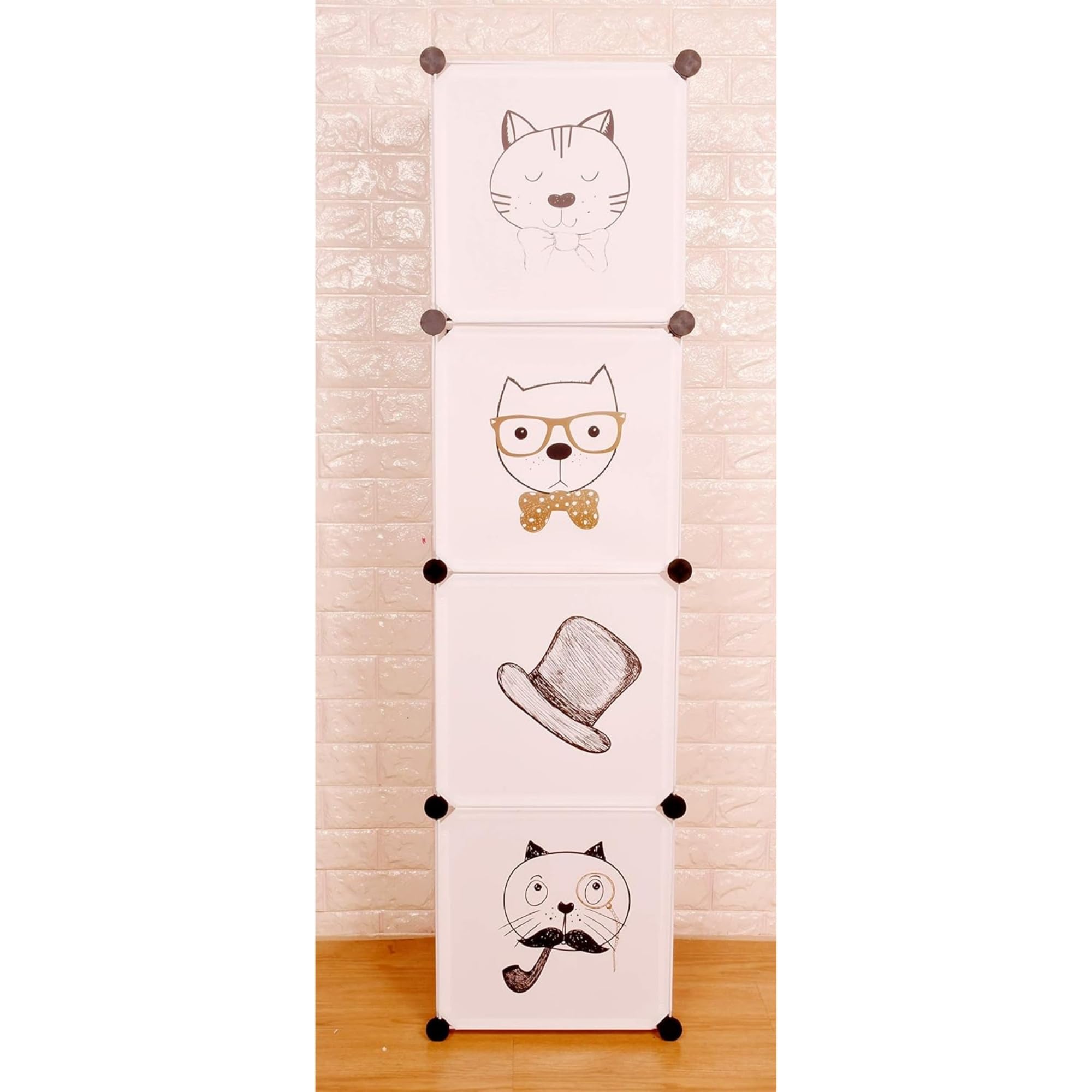 TOYPENTER Collapsible Kids Clothing Wardrobe | Cute Prince & Castle Print/Portable Waterproof Multipurpose Storage Rack/Adjustable Almirah for Babies/Girls/Boys (White Cat, 4 Cube) - Print May Vary