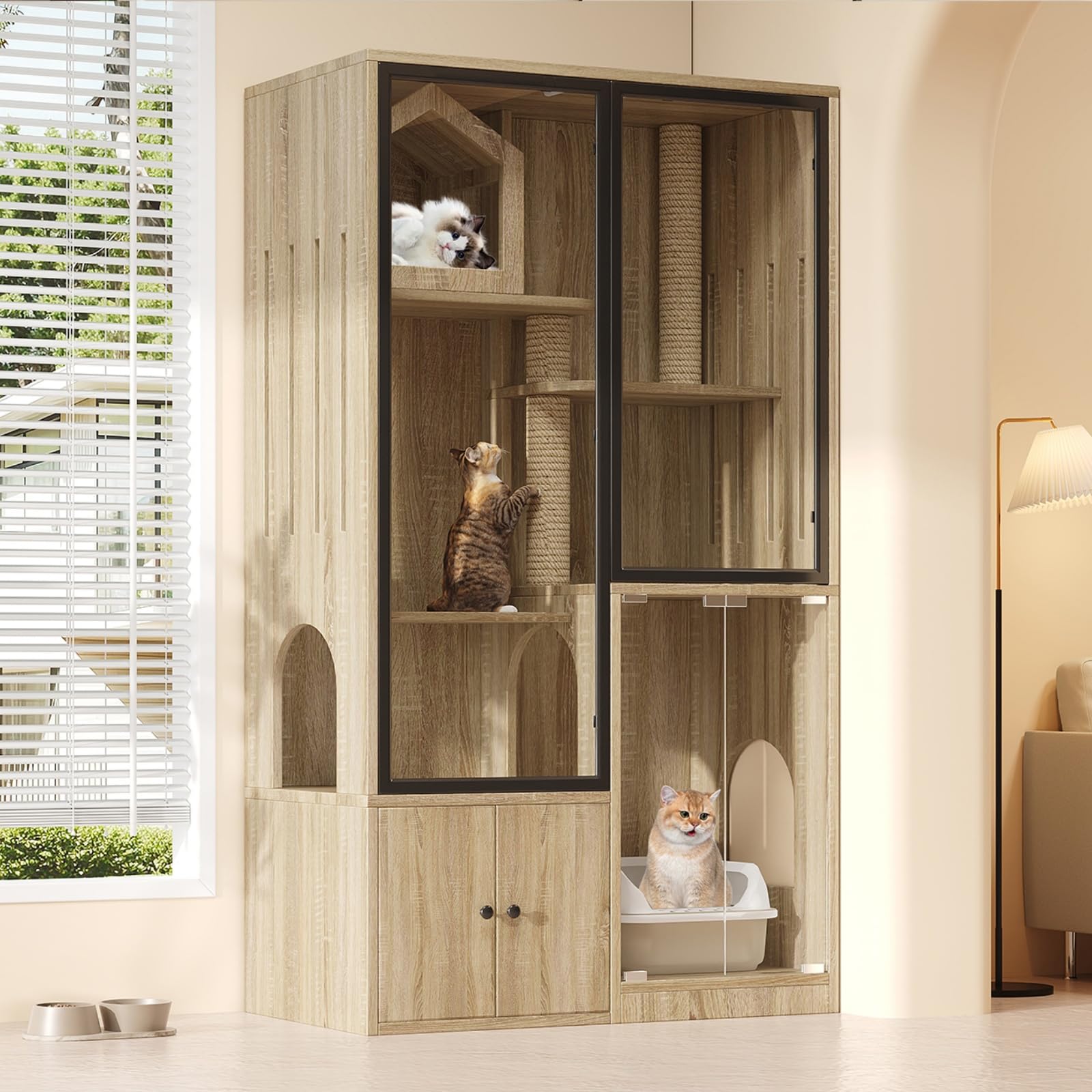 Meuble Litière Chat avec Maison de Toilette, Armoire pour Chat 160 cm avec Rangement, Porte en Verre Trempé, Structure Multicouche, Griffoir, pour Salon (Naturel)
