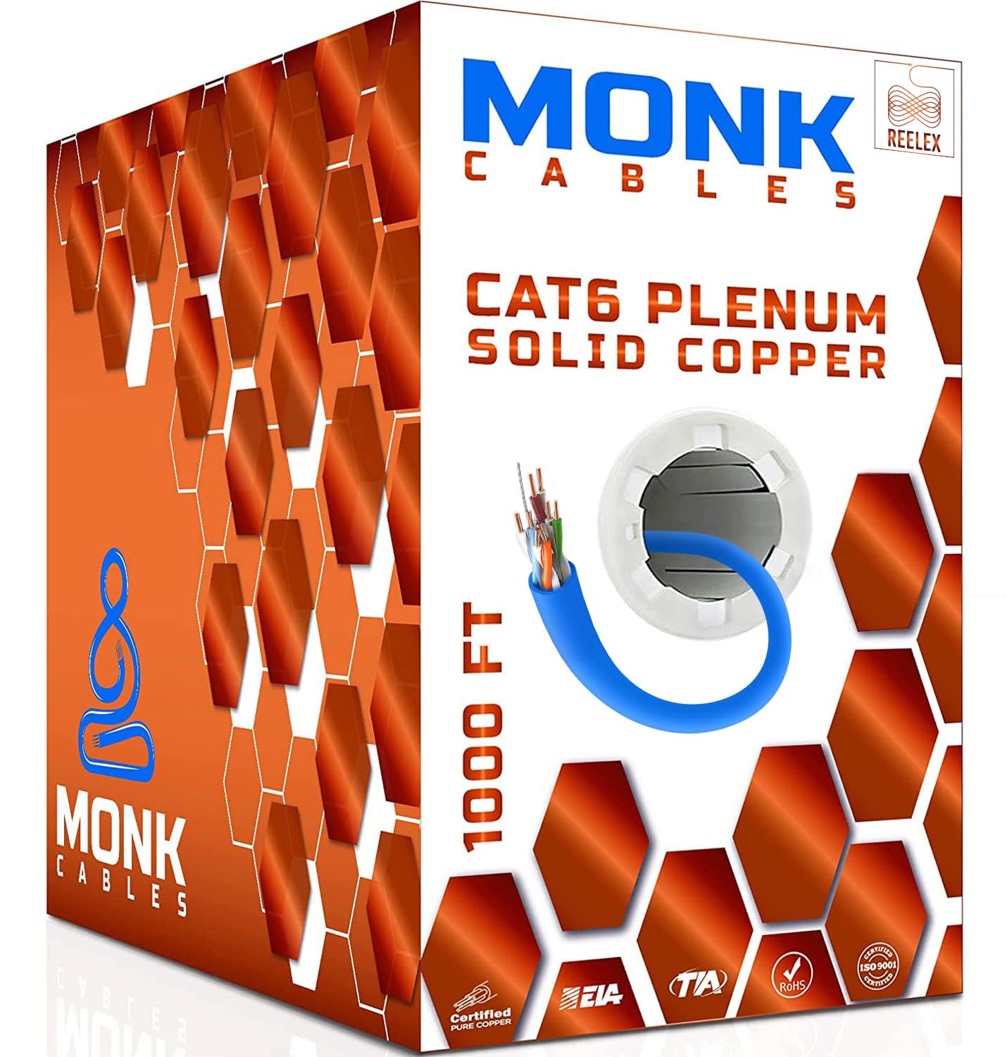 Photo 1 of MONK CABLES | CAT 6 Ethernet Cable 1000ft | 100% Pure Bare Solid Copper Cat 6 Cable | 23AWG UTP CMP Rated Plenum | 550MHz, 10Gbps & PoE++ LAN | DSX-8000 Tested | Cat6 Bulk Ethernet Cable | Blue