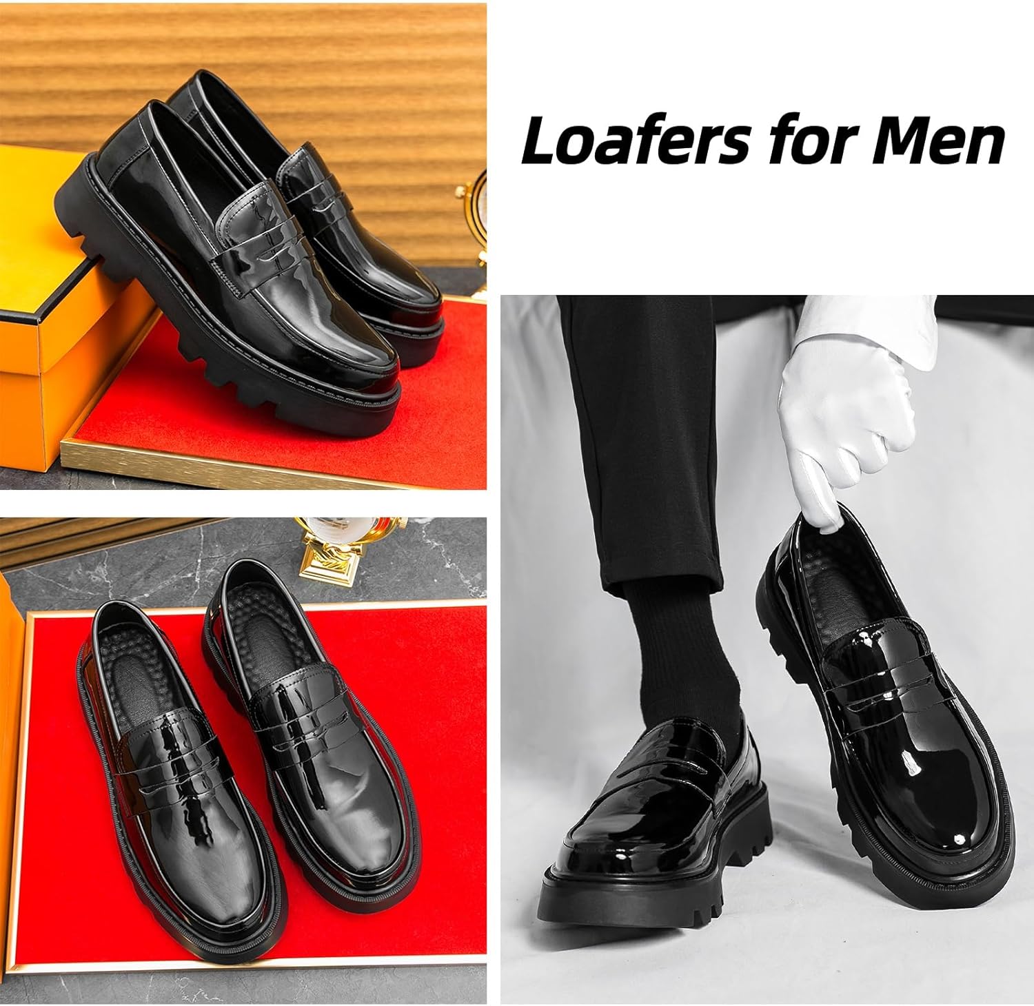 Men's Patent Leather Platform Chunky Slip-On Penny Loafers Classic Round Toe Lug Sole Business Casual Formal Work Dress Shoes