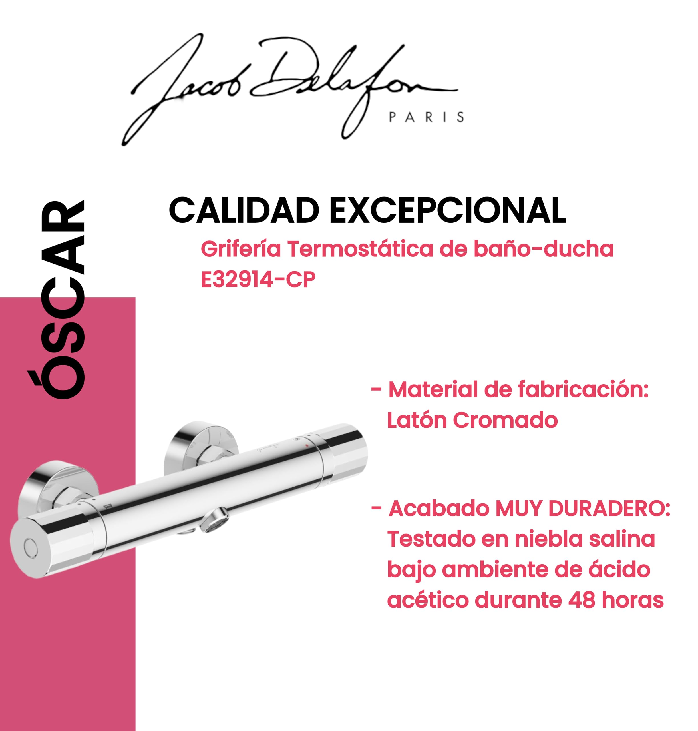 JACOB DELAFON Grifo termostático mural para baño y ducha Inversor integrado en el cuerpo Aireador antical Incluye embellecedores murales Color Cromo OSCAR E32914-CP