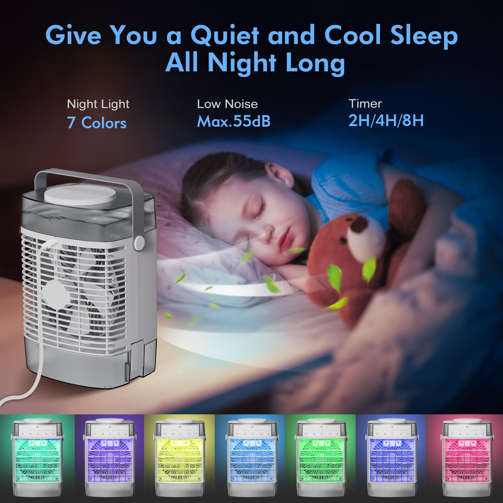 Condizionatore d'aria portatile, unità CA 3 in 1, mini condizionatore d'aria personale con serbatoio d'acqua da 1000 ml, timer 2/4/6h, piccola ventola di raffreddamento con ricarica USB (include