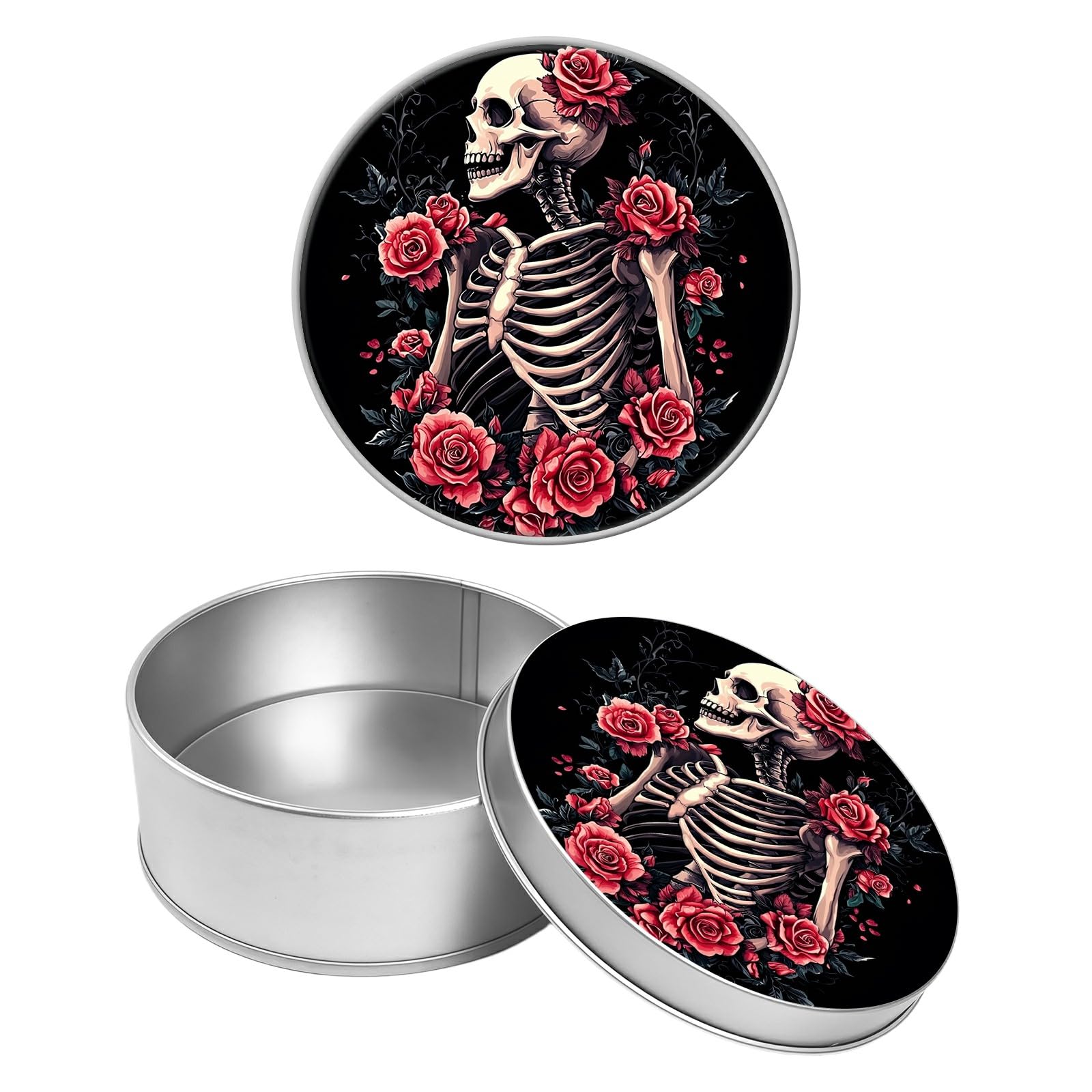 Round Metal Tin Container with Removable Lid, Skull Roses Durable Metal Storage Box for Crafts Snacks Candies Office Supplies Small Items 3.54 x 1.38 inch– Single Pack