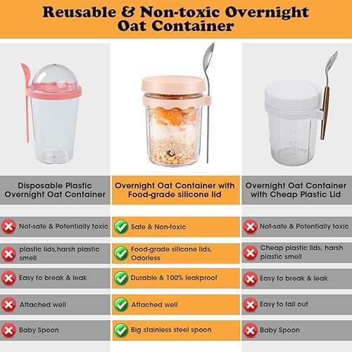 Miniatura 5 de Paquete de 4 recipientes de avena con tapas y cuchara, tarros de avena de 16 onzas para la noche, recipientes de vidrio para preparación de comidas,