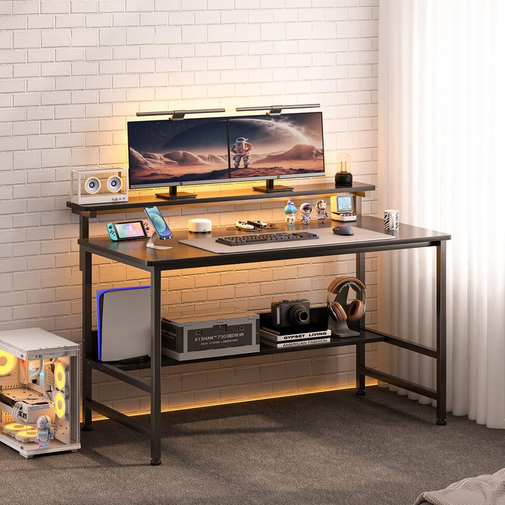 Jantens Gaming Desk with Double Layer Metal Frame Office Table, 3 Heights Adjustable Monitor Rack Study Desk Ergonomic Table with Storage Tier 110 * 45 * 75CM (Black)