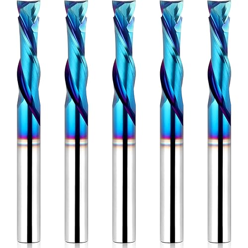 EANOSIC 5PCS Spiral Router Bits Up/Down Cut Compression Bit 1/4 inch Cutting Diameter with Nano Blue Coated, 1/4 inch Shank Solid Carbide CNC End Mill for Wood Carving Engraver Milling Cutters