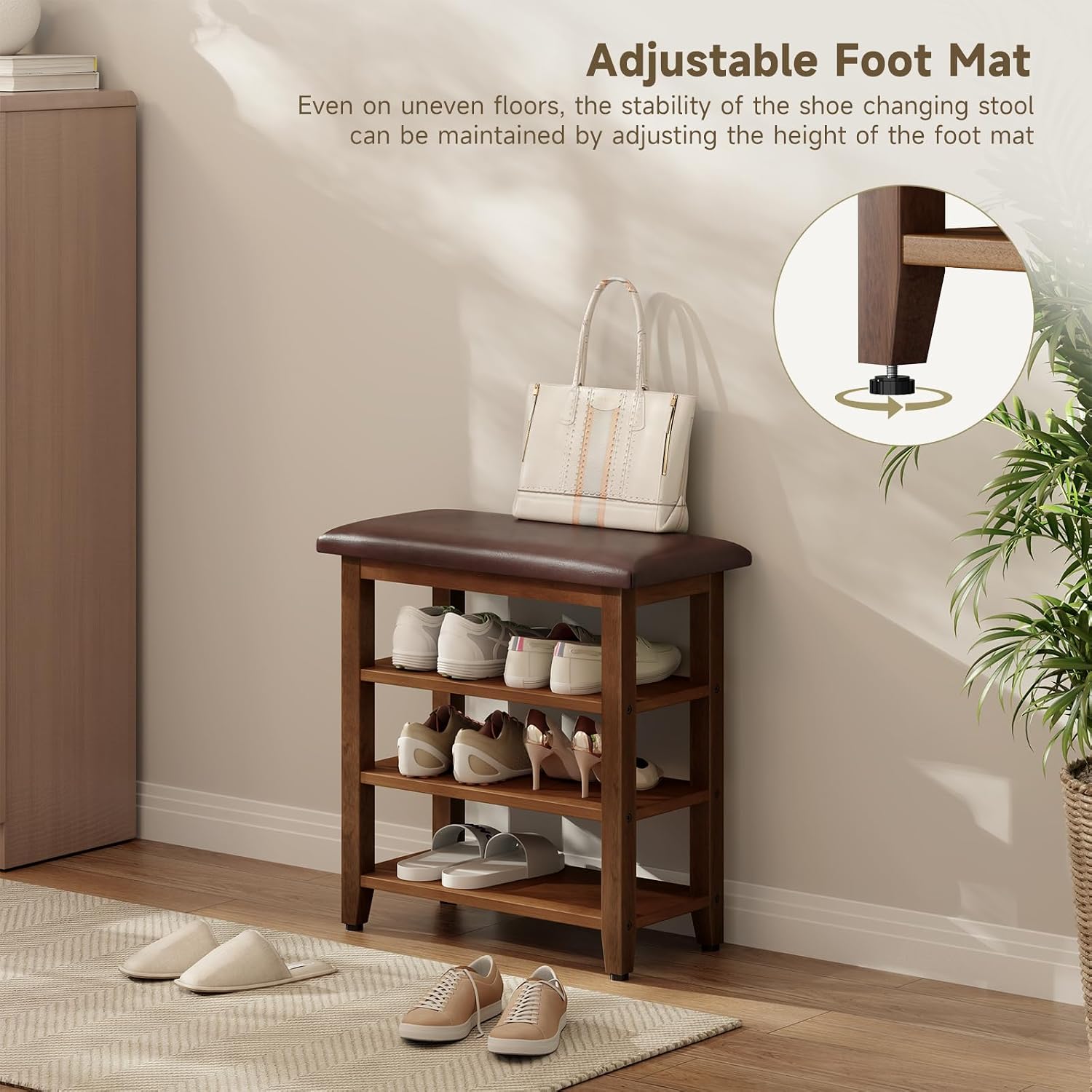 Shoe Bench with Leather Cushion,Wood Bench with Shoe Rack,3-Tier Shoe Storage Organizer for Entryway,Hallway,Living Room (3-Tier-23.6", Rubberwood)