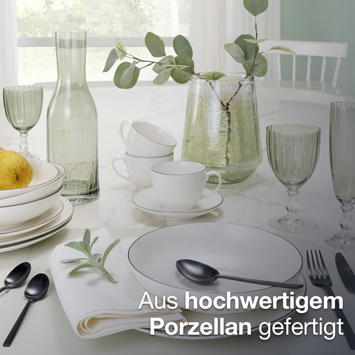 Peill+Putzler Germany, Kaffeeservice für 6 Personen aus hochwertigem Porzellan, 18-teiliges Geschirrset in weiß mit schwarzem Rand, 6x Dessertteller, 6x Kaffeetassen, 6x Kaffeeuntertassen