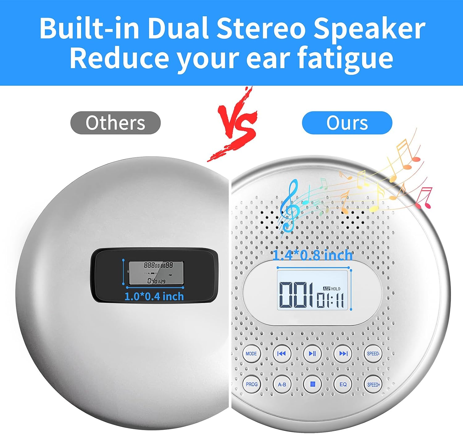 Comparison showing the larger built-in dual stereo speakers of the Arafuna CD player versus a smaller speaker on another device.