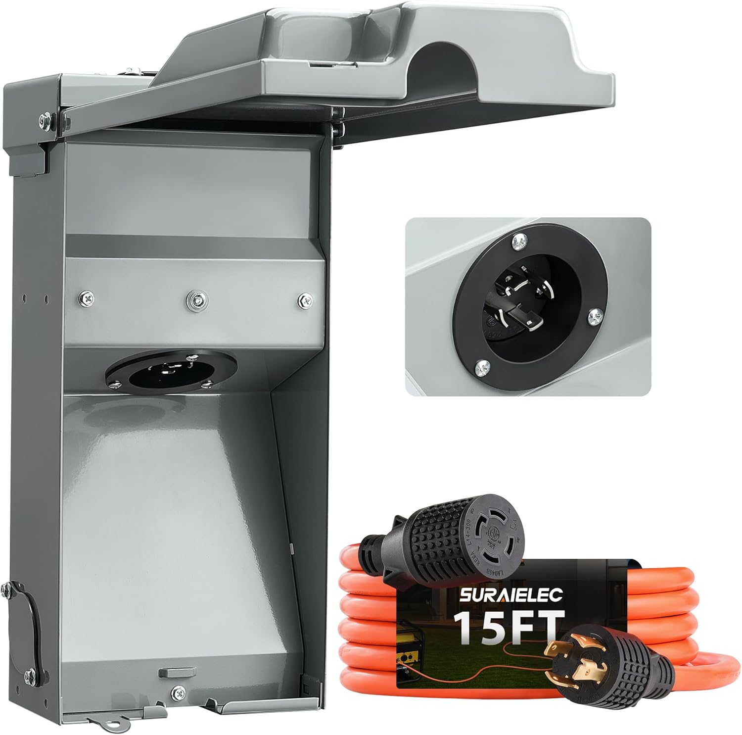 SURAIELEC 30 Amp 15FT Generator Cord and Power Inlet Box, Generator Box with 4-Prong Generator Cord, NEMA L14-30P to L14-30R Generator Cord Combo Kit, ETL Listed Outlet, Ready for Emergency Use