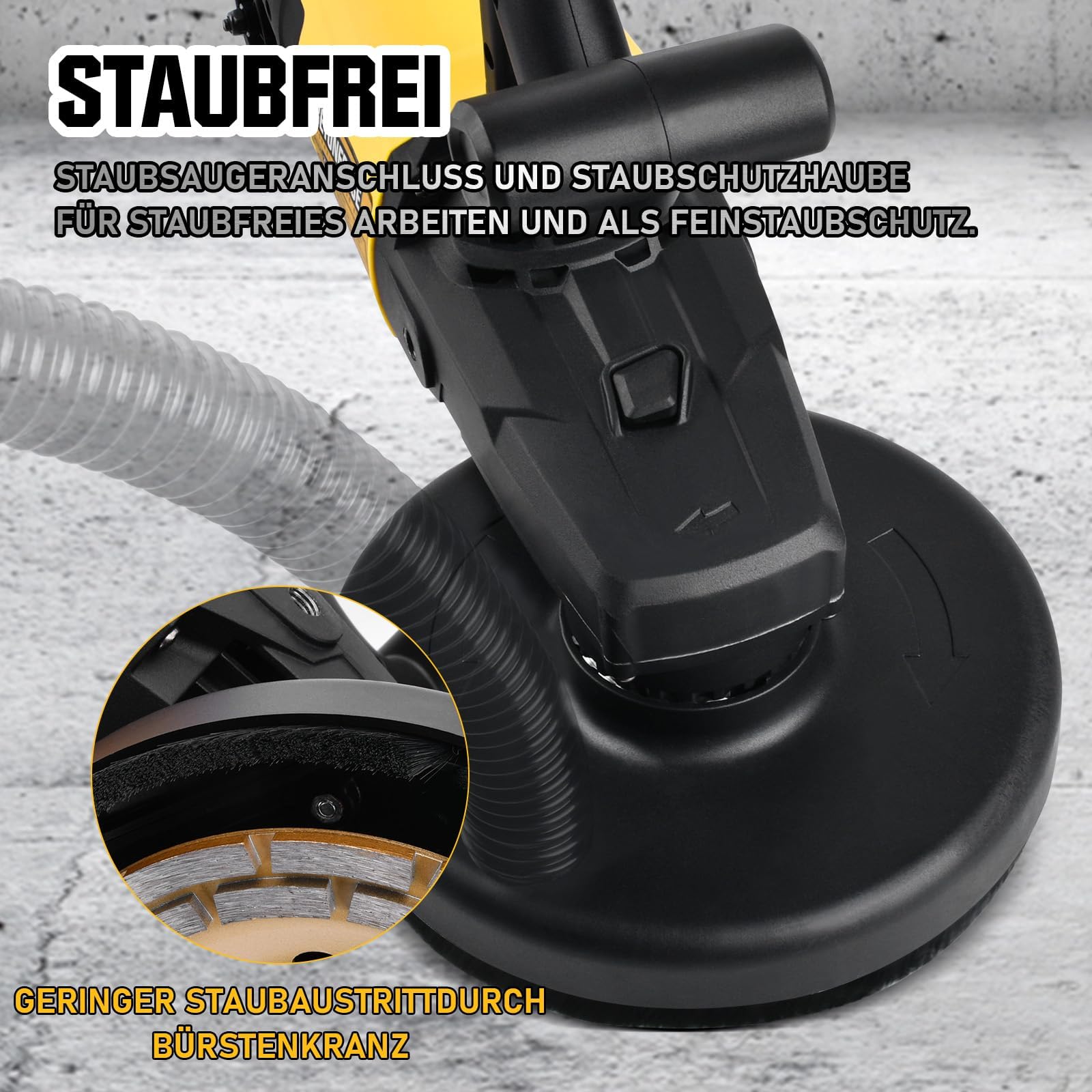 Juego de fresadora de hormigón de 3800 W, incluye mango largo, fresadora de saneamiento con cabezal de pulido de diamante (180 mm) y campana de extracción, para pared y hormigón, 6 marchas ajustables