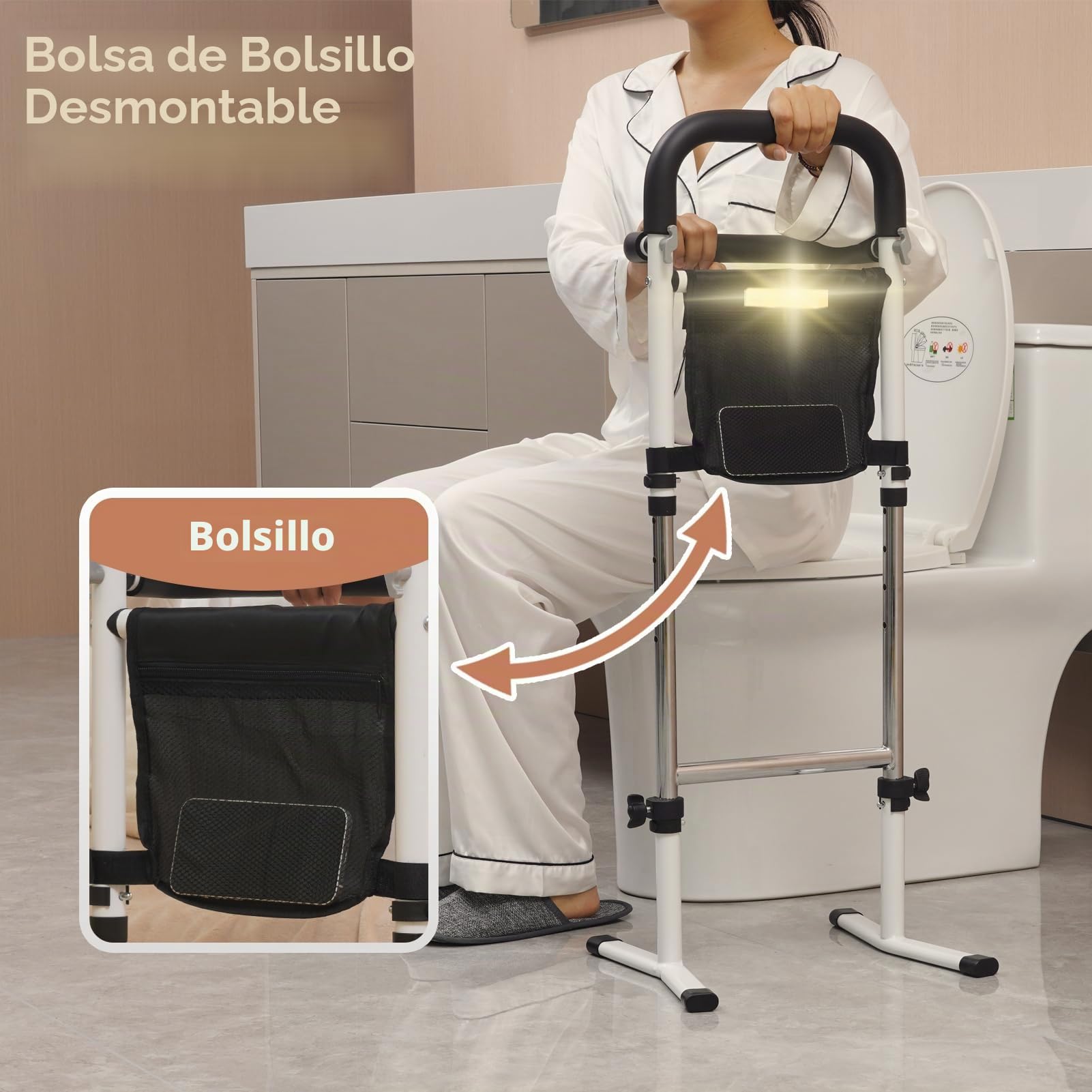 Ayuda para Levantarse y Sentarse para Personas Mayores, Altura Ajustable en 5 Marchas, Asistencia en la Cama/Sofá/Inodoro, con Bolsillo y Sensor de Luz, Capacidad Máxima de Carga 150 kg