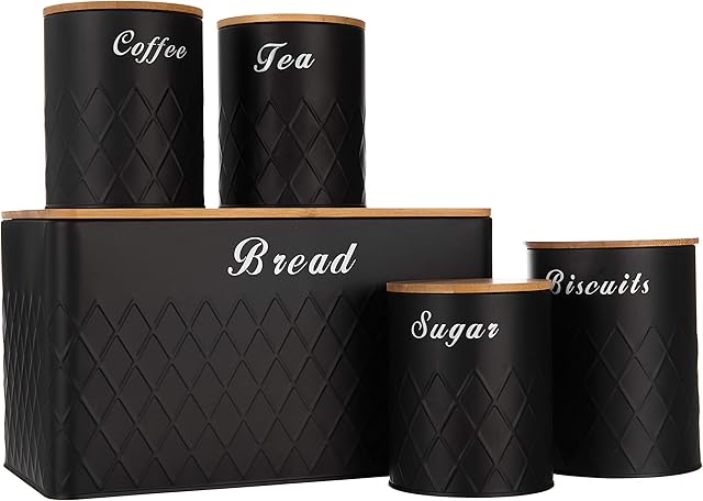 LIVIVO 5pc Kitchen Storage Set with Airtight Bamboo Lids Includes Tea Coffee Sugar with Matching Biscuit Barrel Canister Jar & Stylish Bread Bin  Diamond Embossed Design Matt Finish (Black)