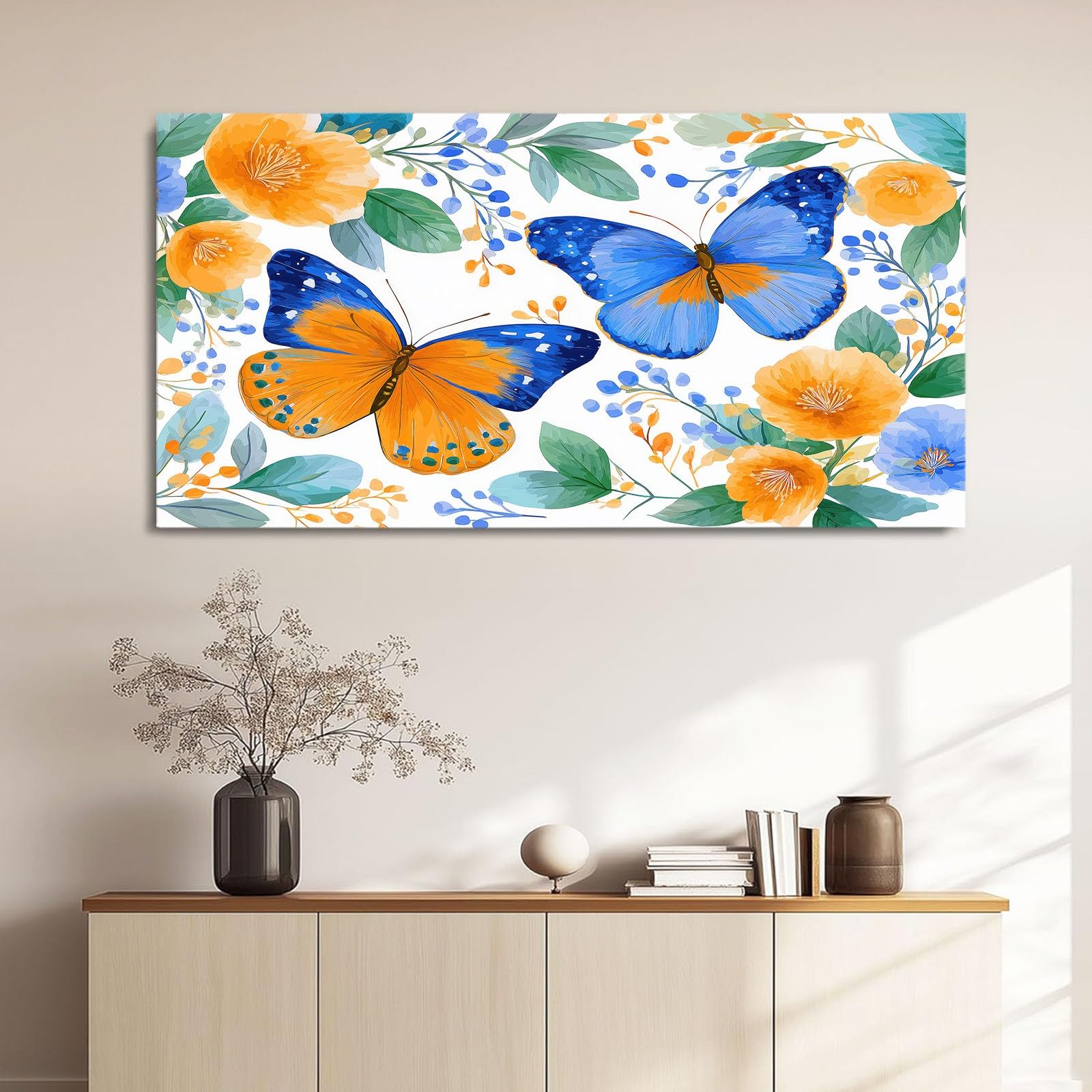 Obraz ścienny w stylu duszpasterskim, obraz na płótnie - ściana na płótnie 120 x 60 cm, nadruk na płótnie z kwiatami, rośliną, motylem, oprawiona sztuka ścienna do salonu i sypialni, dekoracja ścienna