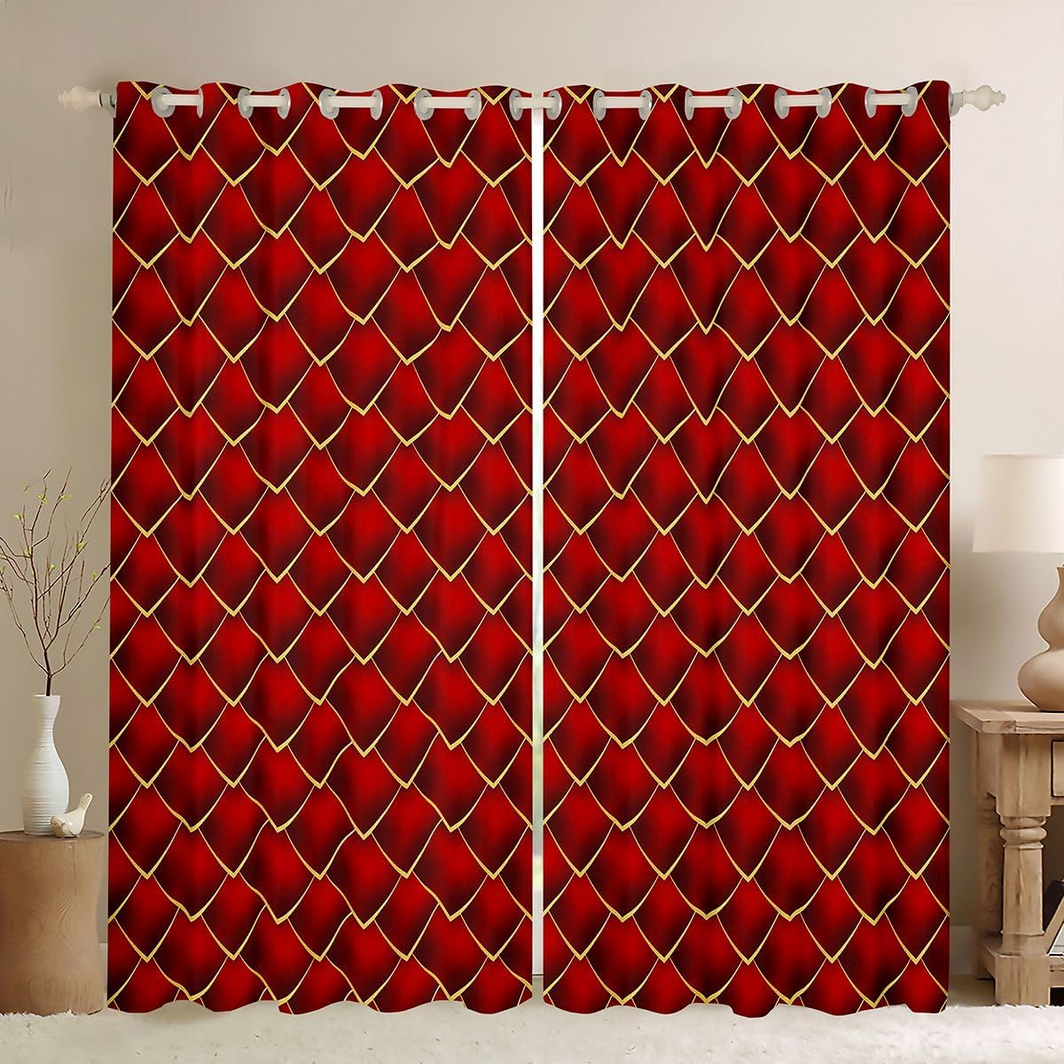 Castle Fairy Fish Scale Blackout Curtains Geometric Diamond Window Drapes Kids Teens Neutral Minimalist Style Window Treatments Grommet Top 2 Panel Set Curtains,42Wx84L Inch Red Yellow