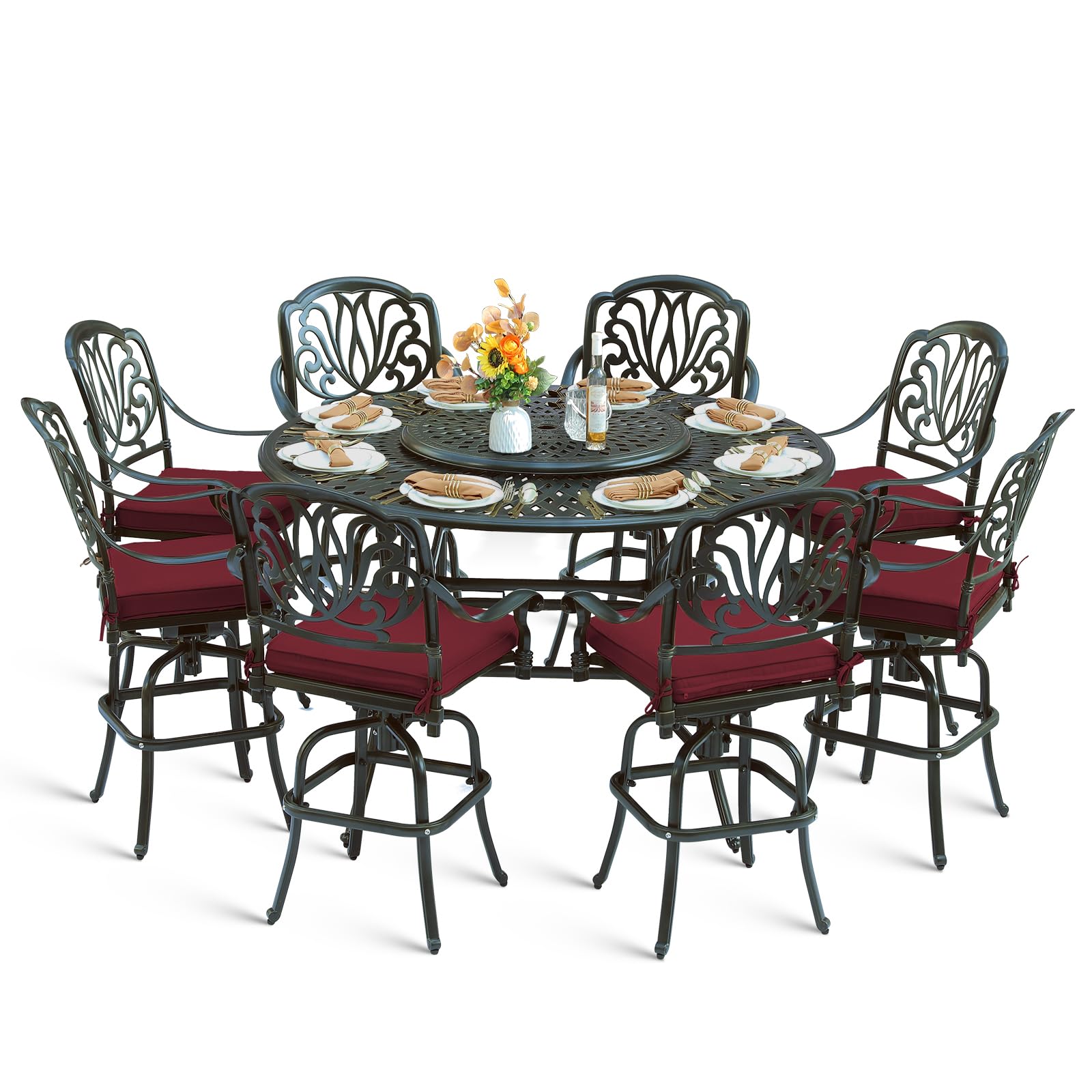 MEETWARM 10-Piece Outdoor Bar Set, All Weather Cast Aluminum Patio Bar Furniture with 8 Cushioned Swivel Bar Stools, Large 61" Round Patio Bar Height Table with Detachable Lazy Susan, Umbrella Hole