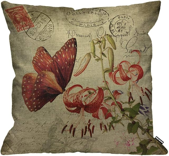 HGOD DESIGNS Cushion Cover Butterfly Vintage Red Butterfly With Flower Throw Pillow Cover Home Decorative for Men/Women/Boys/Girls living room Bedroom Sofa Chair 18X18 Inch Pillowcase