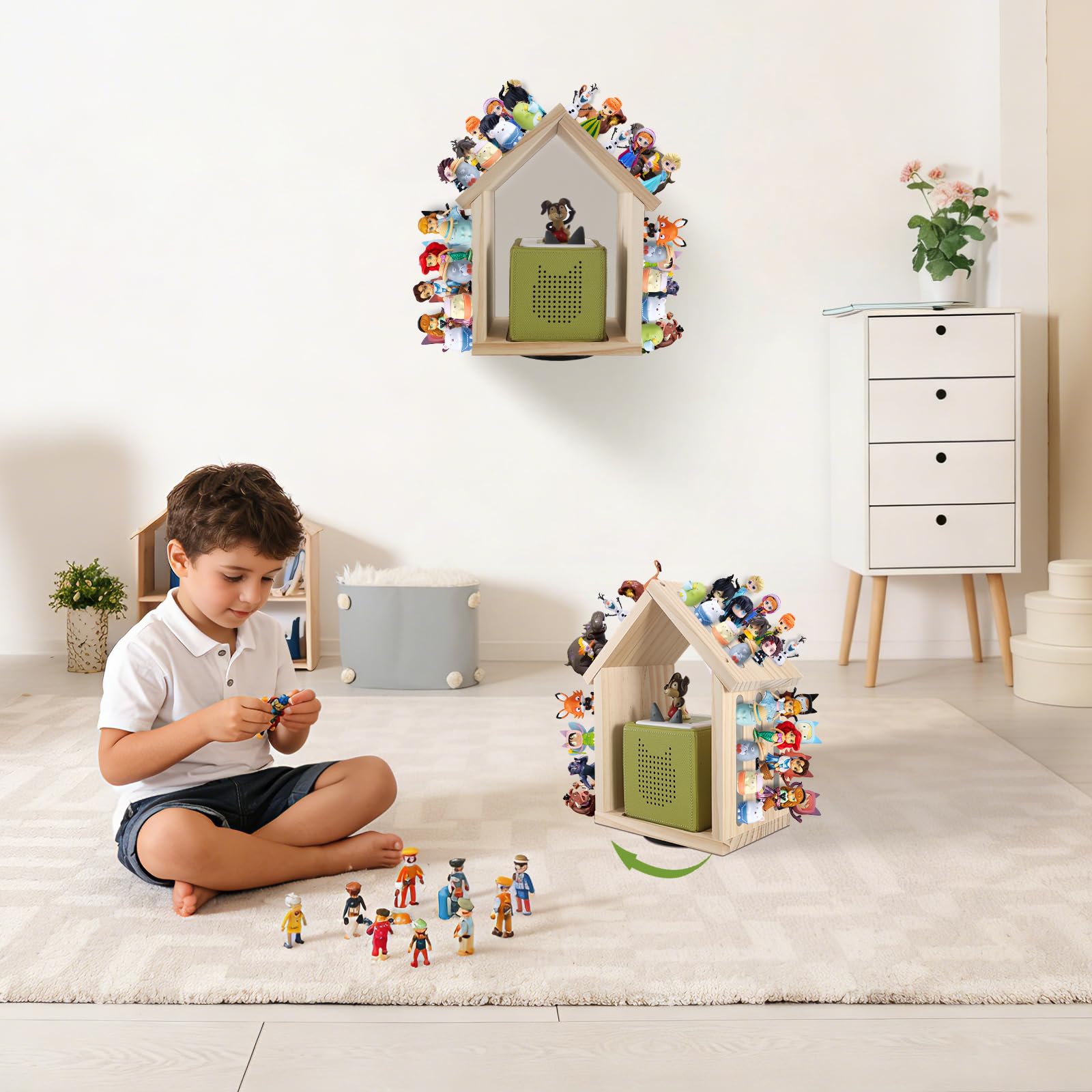 Givilio SpinLodge Holztonie-Regal für Toniebox 1 & 2, magnetische Wandhalterung mit 360° drehbarer Basis, Platz für 30-50 Figuren, hausförmiger kreativer Stauraum für Kinderzimmer