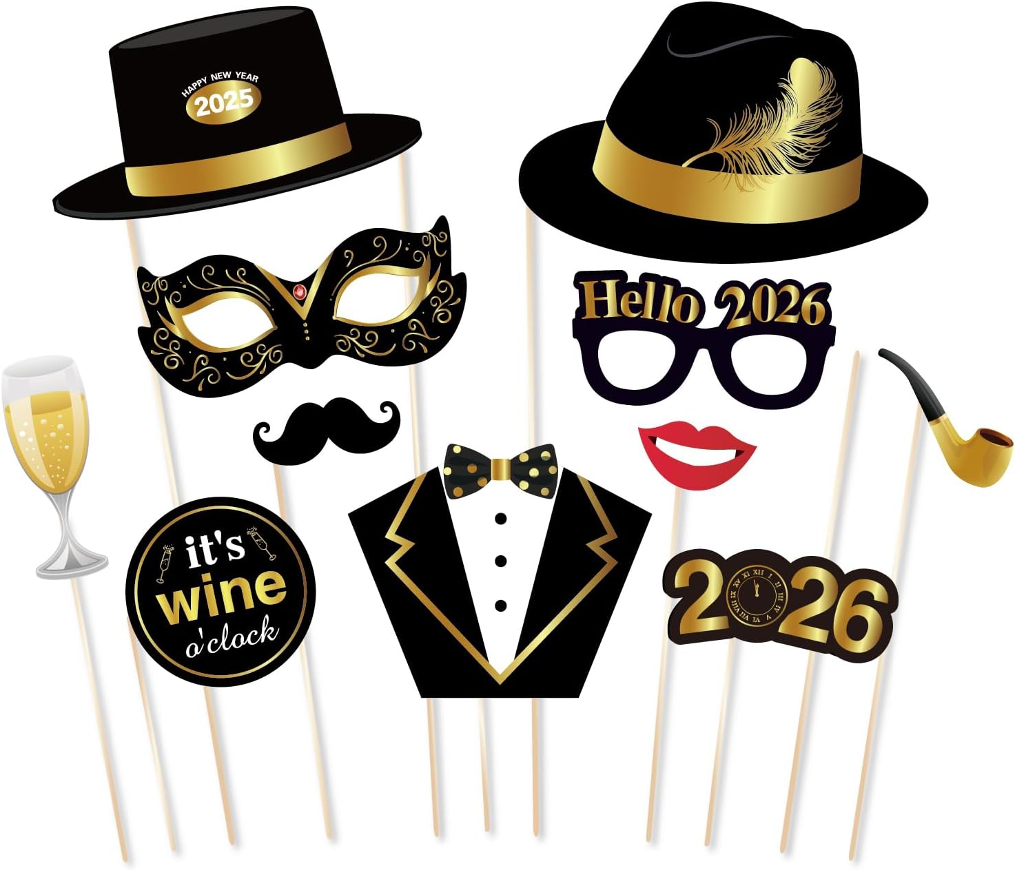 25Pcs New Years Eve Photo Booth Props | 2026 New Years Photo Booth Props with Stick NYE Theme Selfie Props | Gold Glitter New Years Eve Party Supplies - Image 3