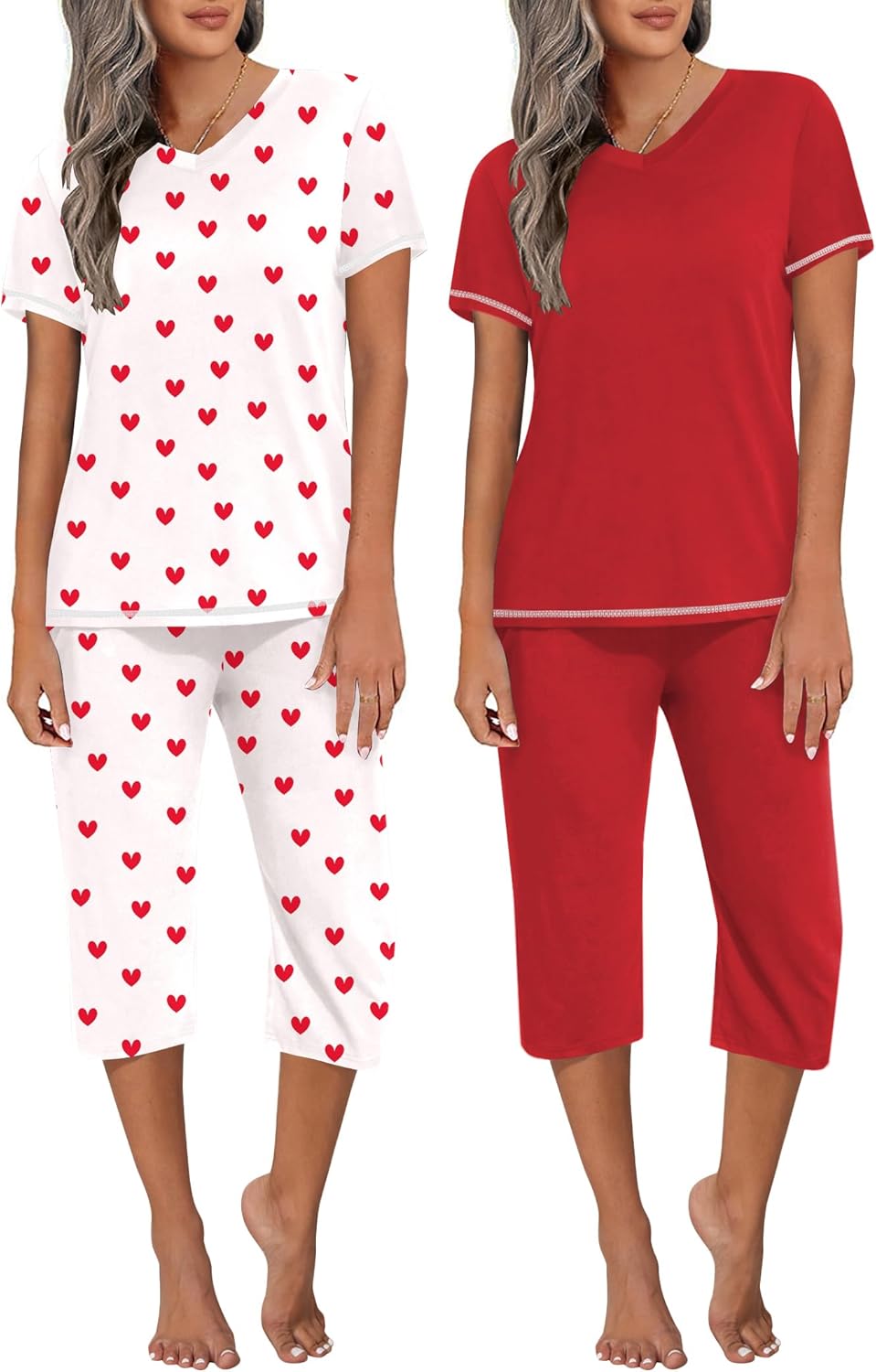 Ekouaer 2 Pack Women's Capri Pajama Sets Short Sleeve Two-Piece Pjs V Neck Tops & Pants Printed Lounge Sets S-3XL