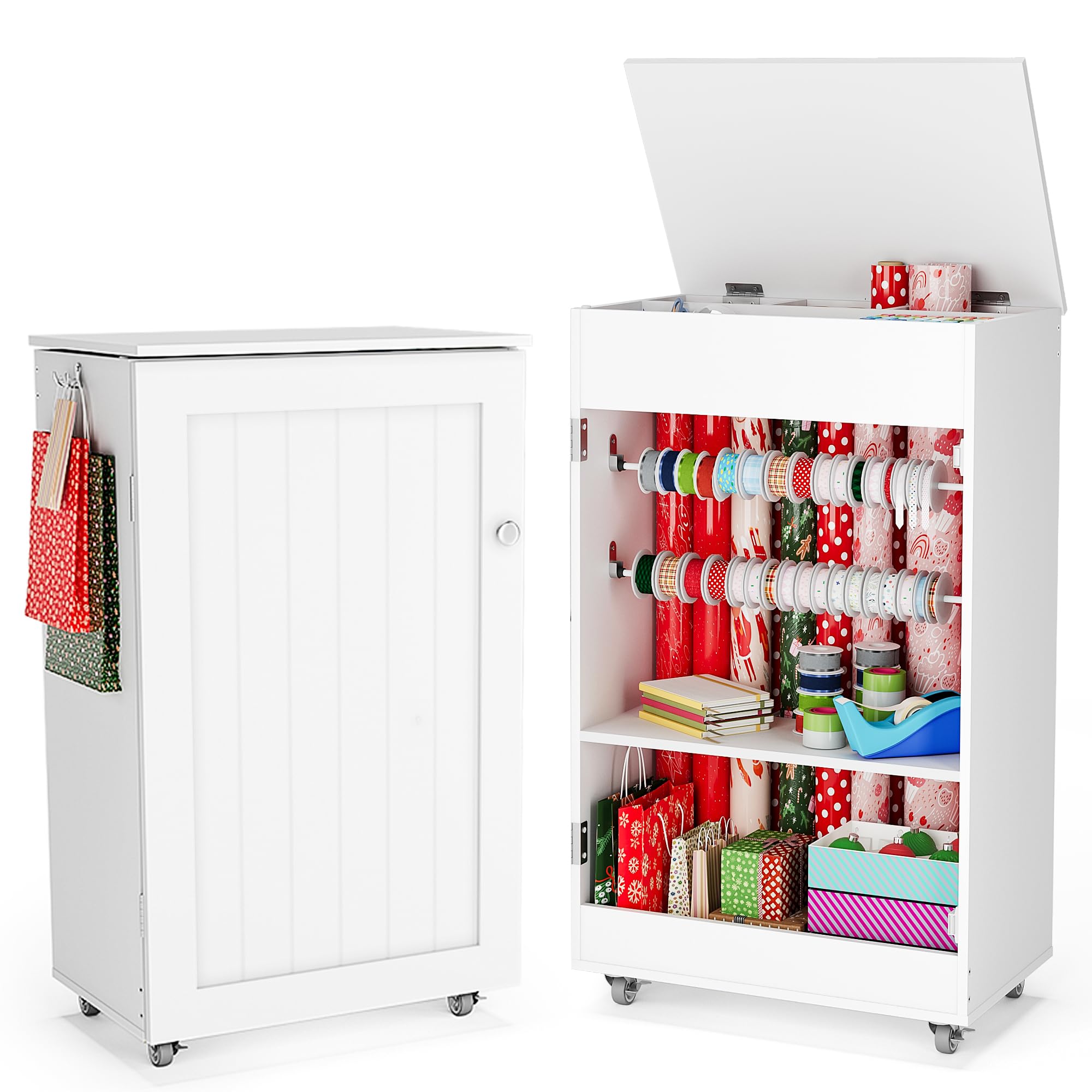Wrapping Paper Storage Cabinet, Rolling Gift Wrap Organizer Cart with Ribbon Holder Rack and Gift Bag Storage, Gift Wrapping Station, Arts Craft Organizers and Storage Christmas Decorations