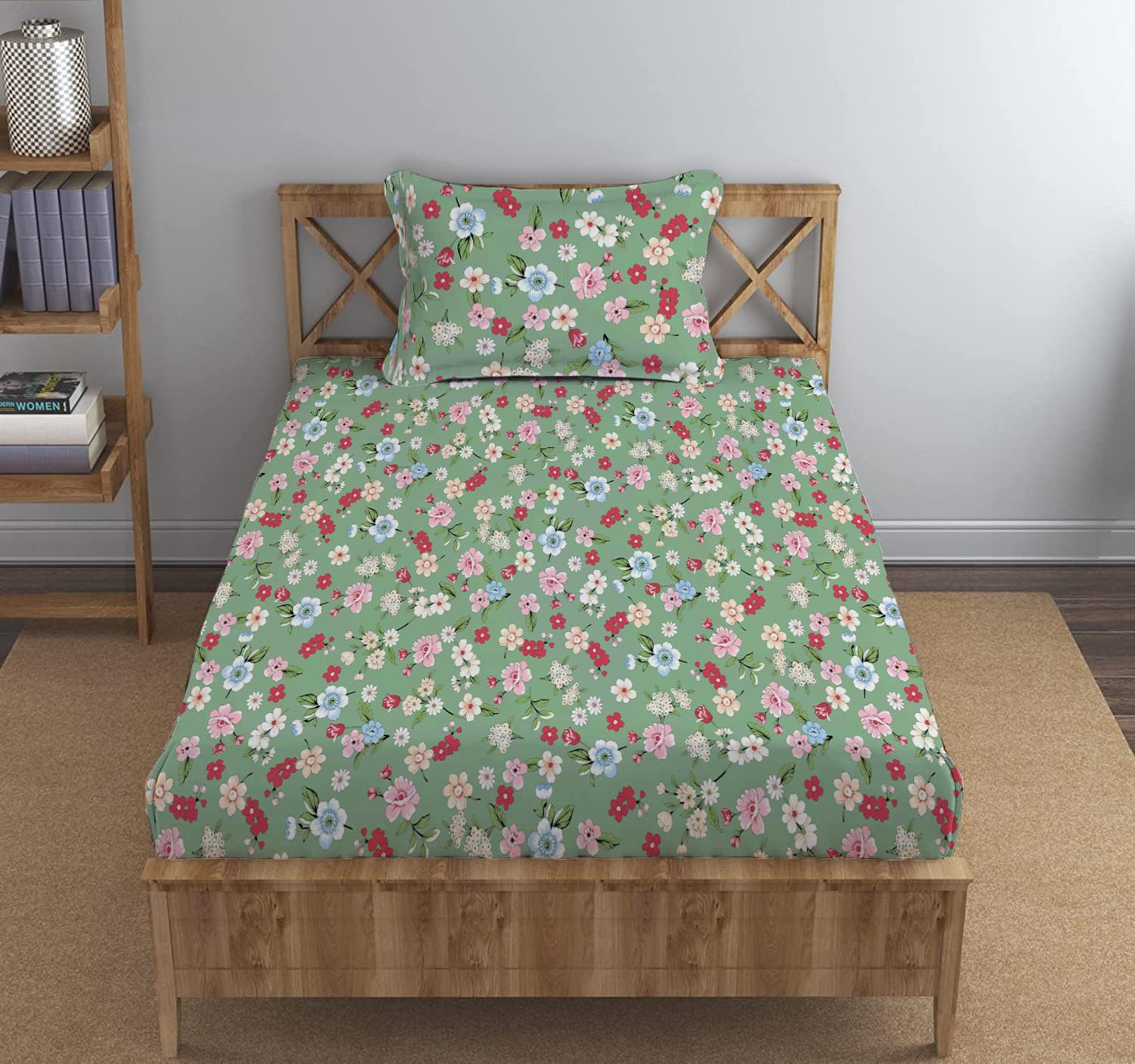 DECOMIZER Cotton Feel All Around Elastic Fitted Glace Printed Single Bed Bedsheet with 1 Large Pillow Cover Fits Upto Mattress of 6 Inches,Size - 42 x 75 x 8 Inches, Green Small Flower