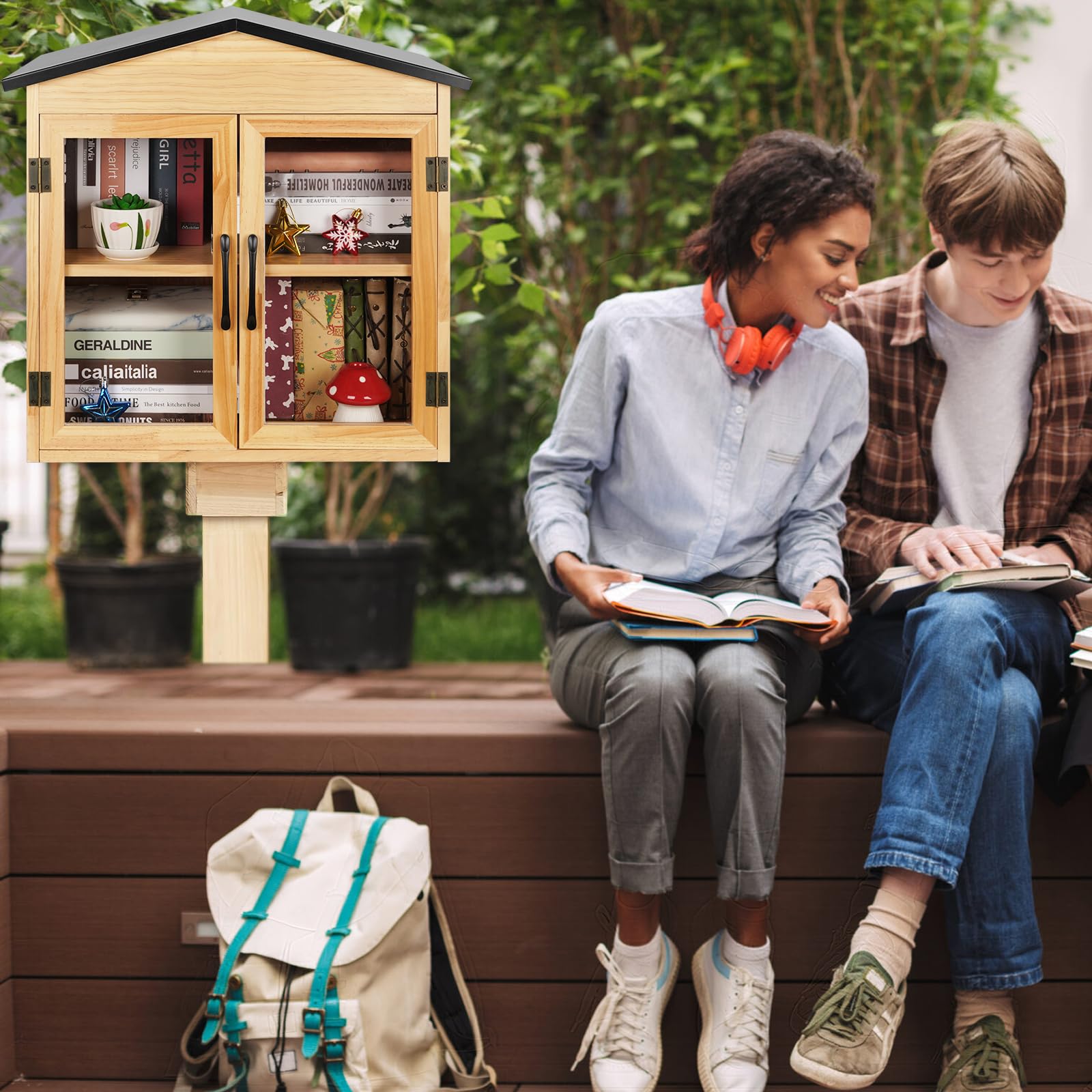 Biblioteca al aire libre caja de libros al aire libre pequeño gabinete de madera pequeña caja de literatura para vecindarios, comunidad y escuelas para compartir libros, folletos, periódicos,