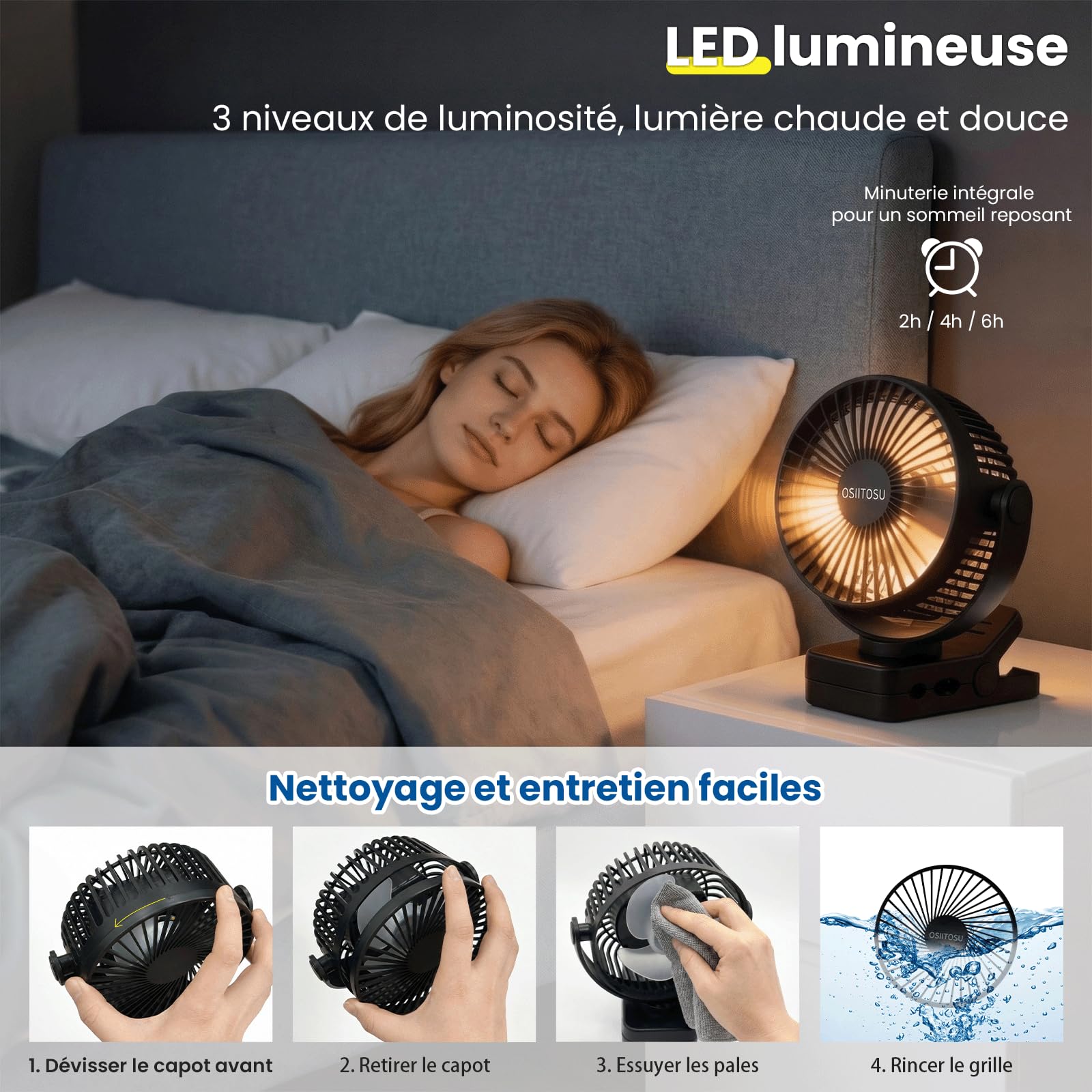 12000mAh Mini Ventilateur à Pince, 6'' Ventilateur Rechargeable USB Ventilateur Portable Silencieux Rotation 360° Petit Ventilateur de Bureau LED, 3 Vitesses, Télécommande pour Camping Bureau