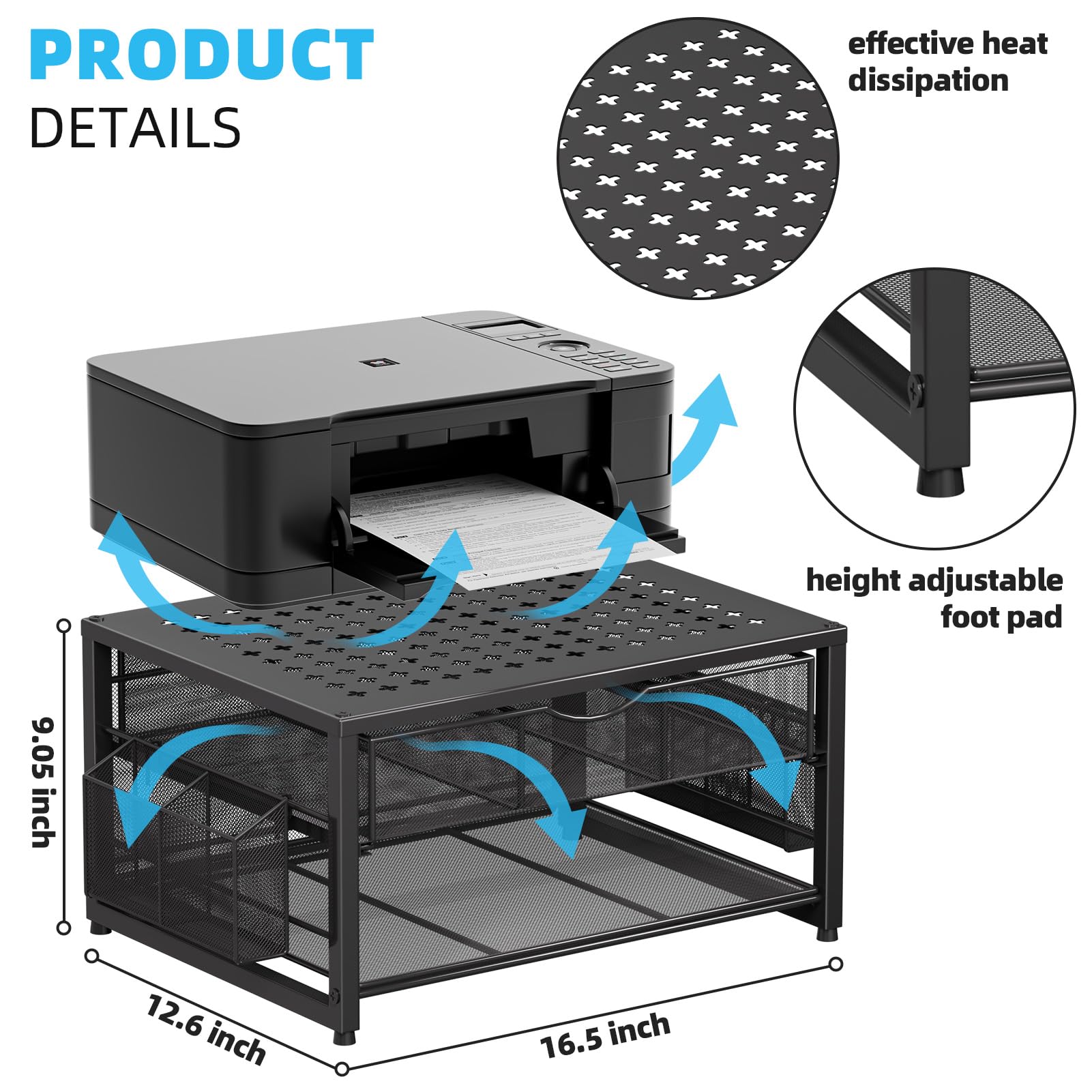 Soporte de impresora de metal para escritorio con cajón de almacenamiento y 2 soportes para bolígrafos, organizador de escritorio de 2 niveles para oficina en casa, organizador de escritorio 5