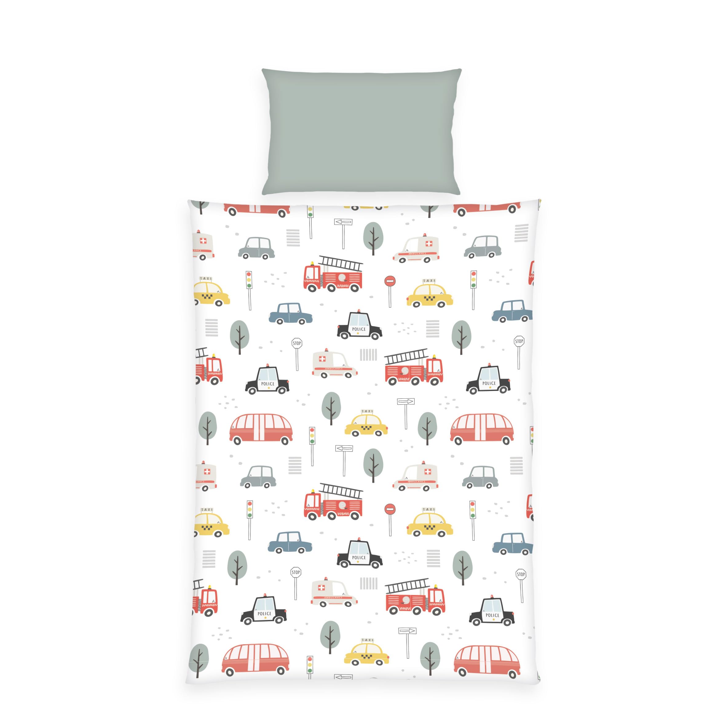 Herding babybest Flanell-Bettwäsche-Set, Fahrzeuge, Kopfkissenbezug 40 x 60 cm, Bettbezug 100 x 135 cm, 100% Baumwolle/Flanell, Grün