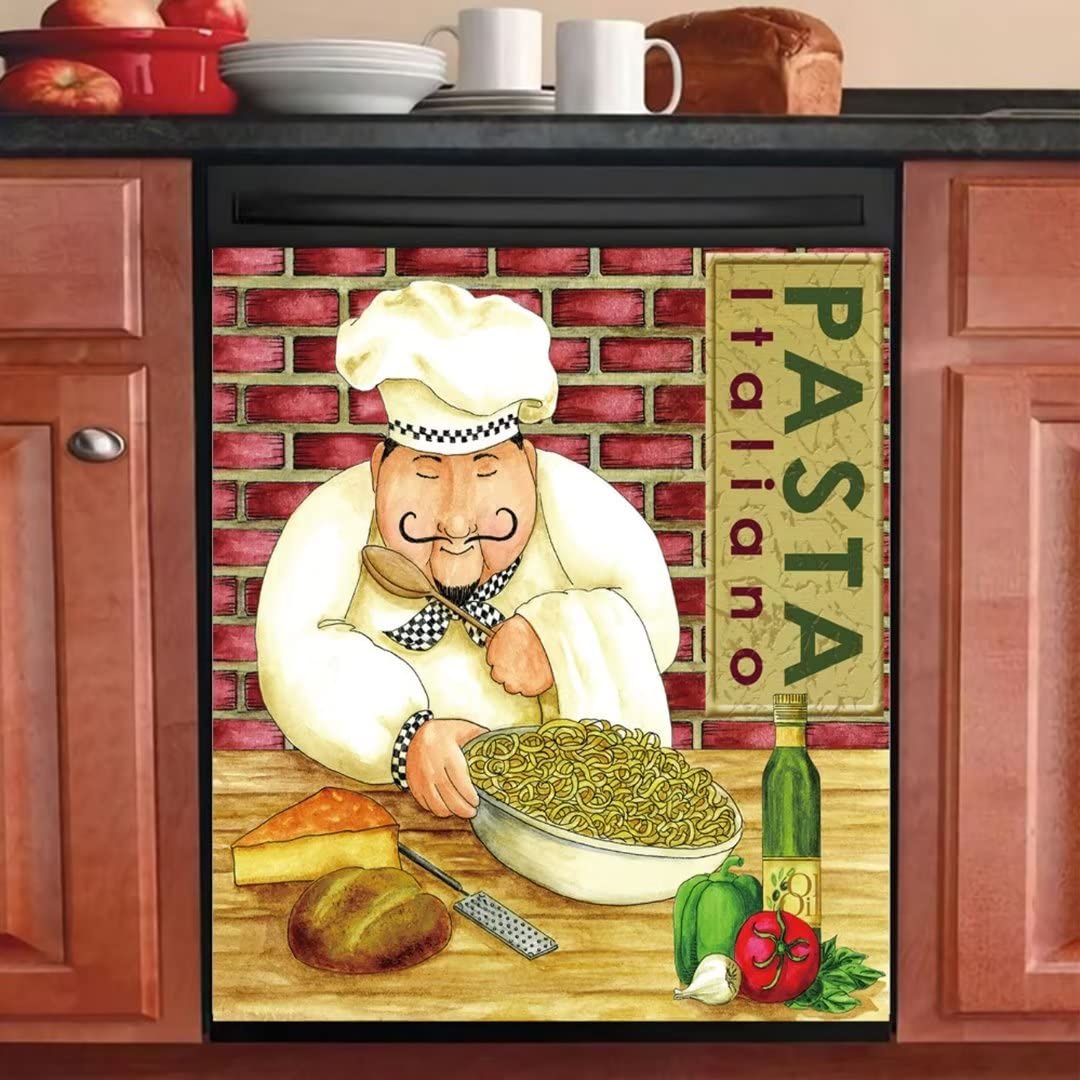 Chef Cap Cooking Pasta Dishwasher Magnetic Cover Decorative Front Refrigerator Magnet Sticker Italian Food Fridge Kitchen Home Appliance Decor Cover Panel Vinyl Trim Cabinet Decals 23Wx26H INCH