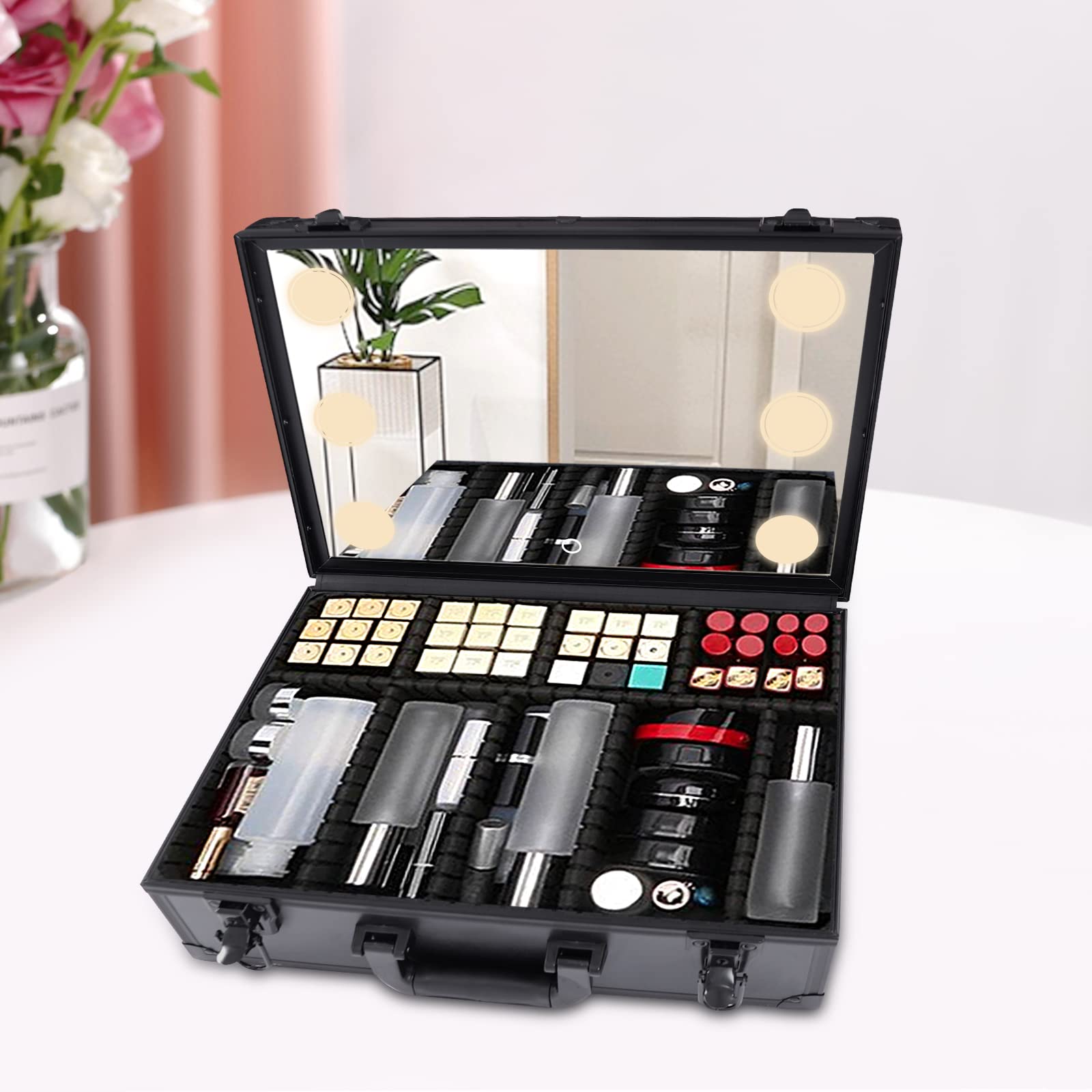 Make Up Box Schminkkoffer mit LED Licht,Spiegel Reise Kosmetik Aufbewahrungsbox, Tragbare Schminktasche,Einstellbare Farbe und Helligkeit,Abnehmbare Trennwand,für die Aufbewahrung von Kosmetika, Schmu
