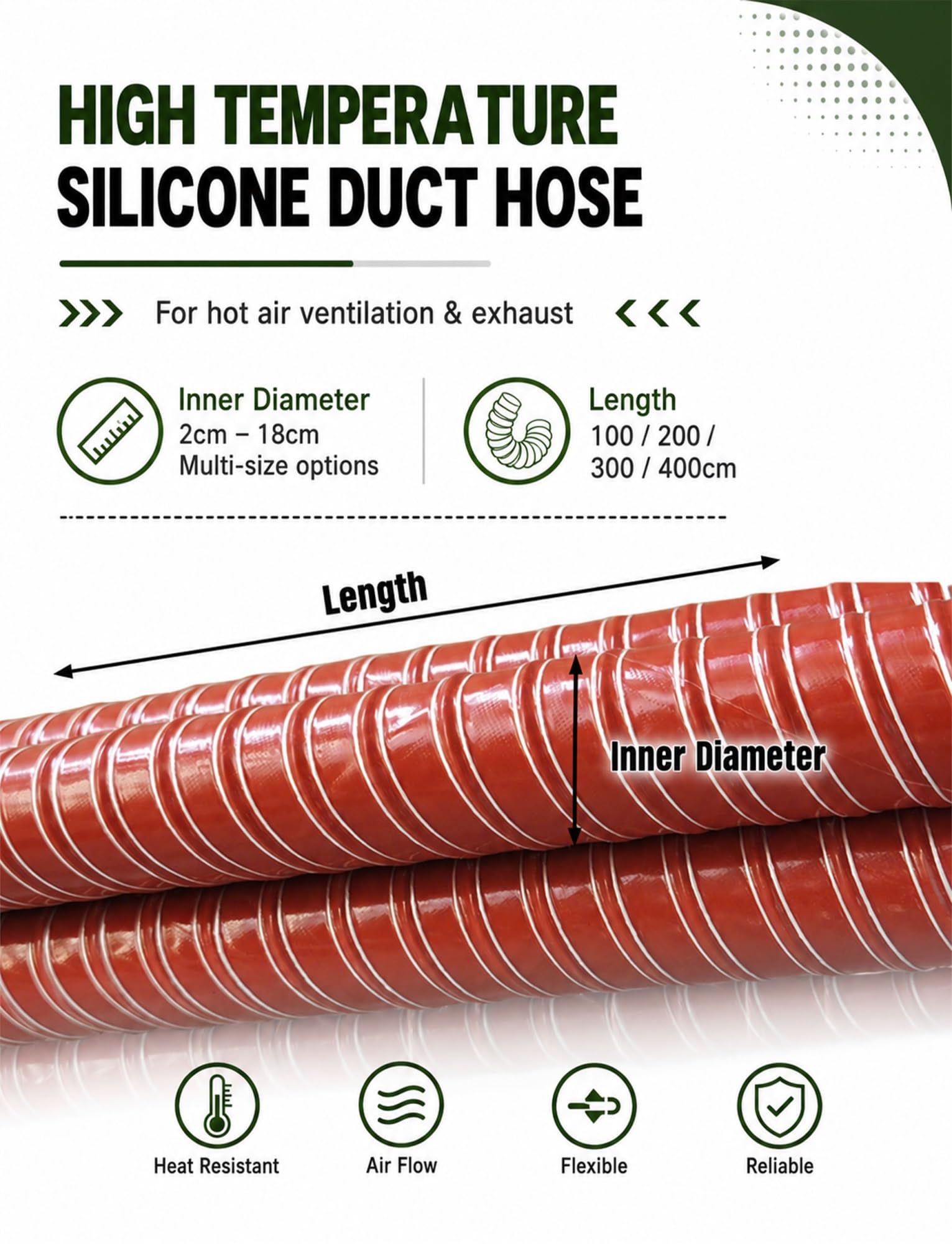 Tubo flessibile in silicone | 100-400cm for Aspirazione Fumi: Scarico Aria Calda(7cm/2.76in,400cm)