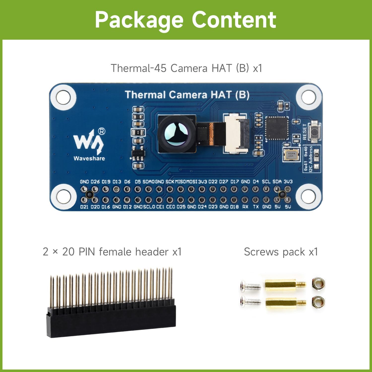Waveshare Long-Wave IR Thermal Imaging Camera HAT (B), Compatible with Raspberry Pi 5/4B/3B/Zero/Zero W/Zero 2W/Pico/Pico W/Pico WH, 45° FOV IR Camera, 80×62 Pixels, Standard 40PIN GPIO Header