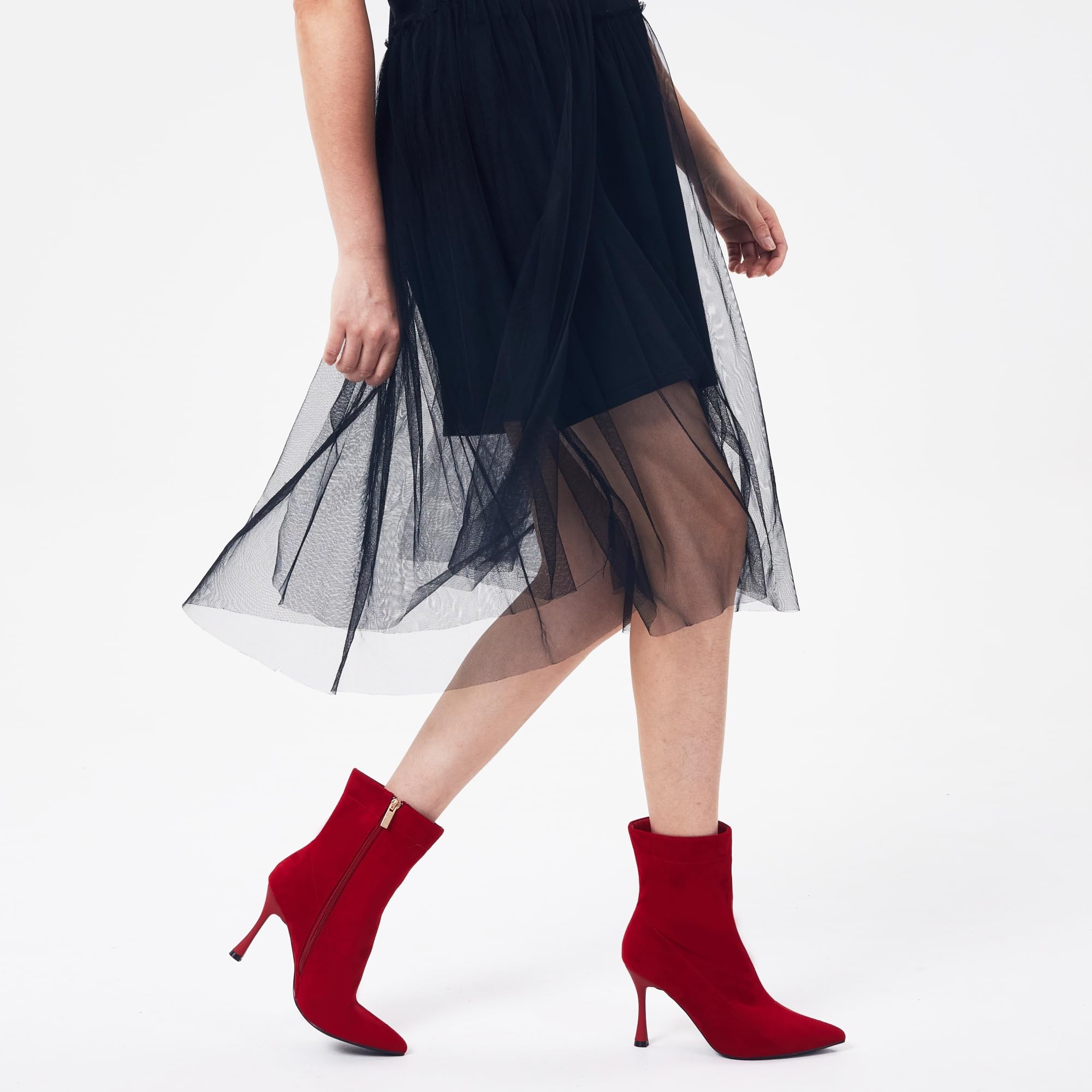 Damskie botki 9 cm szpiczasty nosek - średni obcas szpilki buty robocze dla kobiet modne krótkie buty czarne 8, Czerwony zamsz, 39 EU
