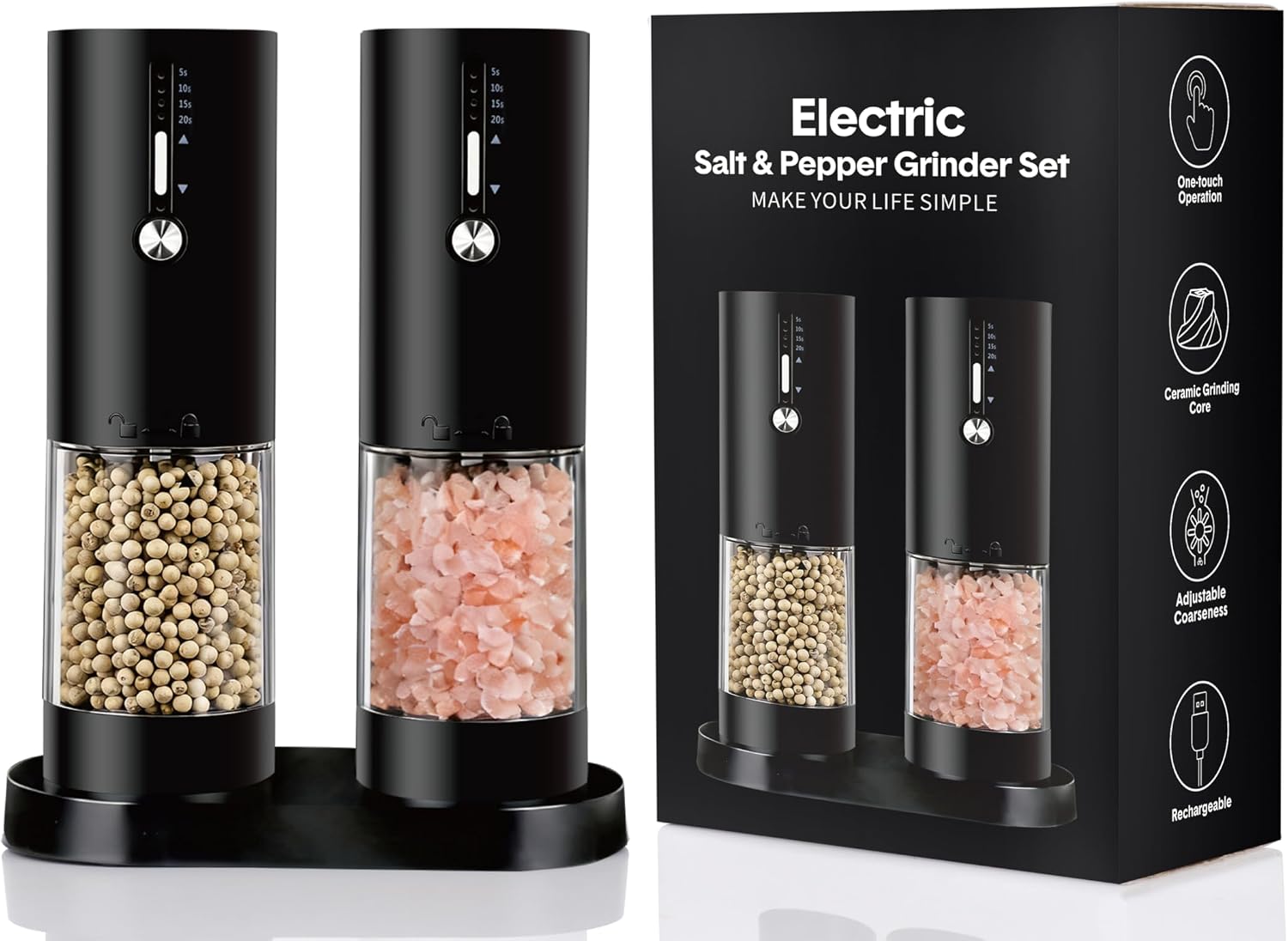2Pack Electric Salt & Pepper Grinder Set One-Touch Operation Adjustable Coarseness Ceramic Grinding Core USB Rechargeable with LED Light for Kitchen, Restaurant, Outdoor, Black (black+black)