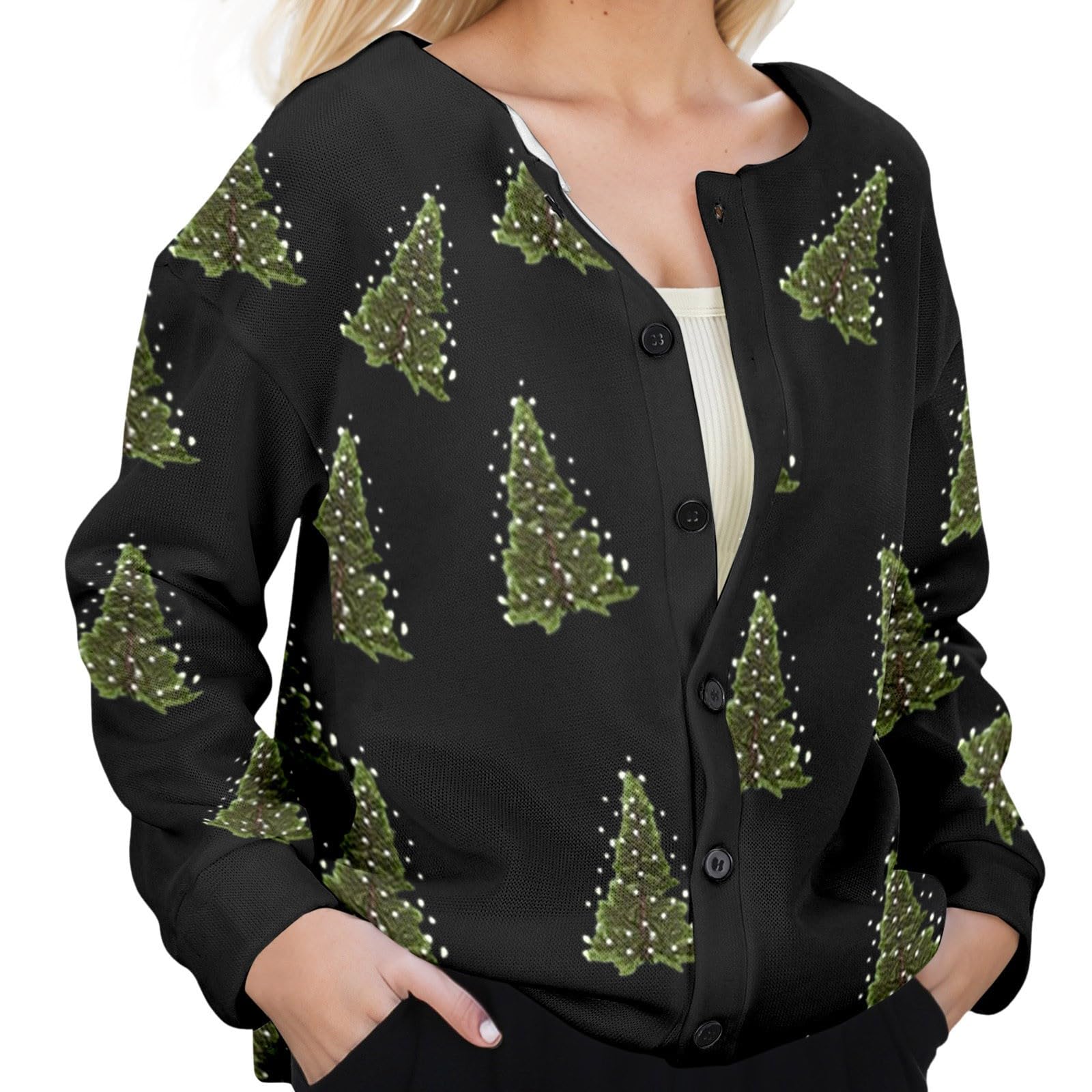 Generisch Regenjacke Fahrrad Damen Herbst Winter Weihnachtsbaum Druck Casual Rundhals Strickjacke Langarm Mantel Top