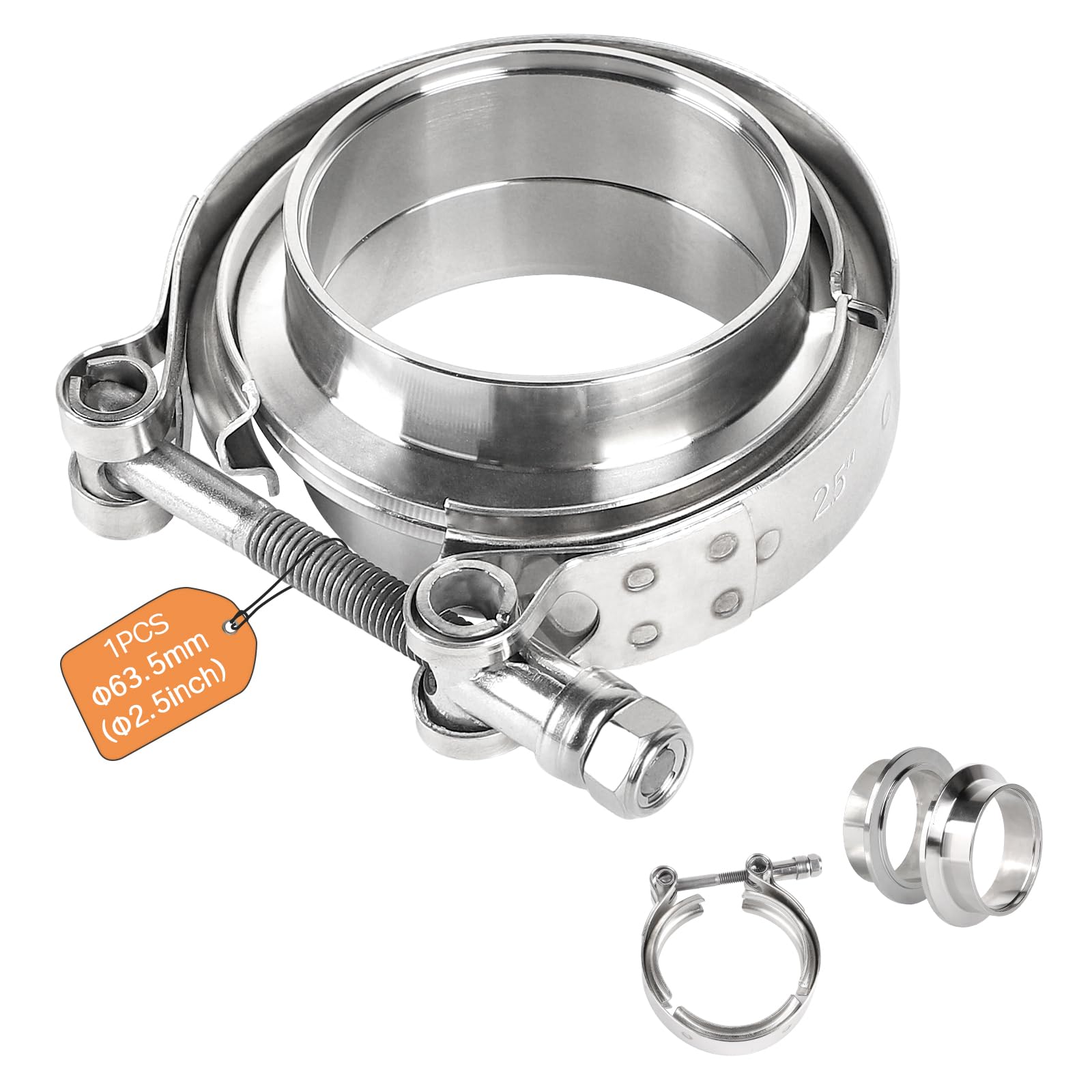 Abrazadera V-Band + Bridas Ø 63,5 mm (2,5 pulgadas) Kit completo en Acero Inoxidable 304 Abrazadera de cierre rápido para escape y turbo con anillos de centrado y abrazadera para tubo de turbo