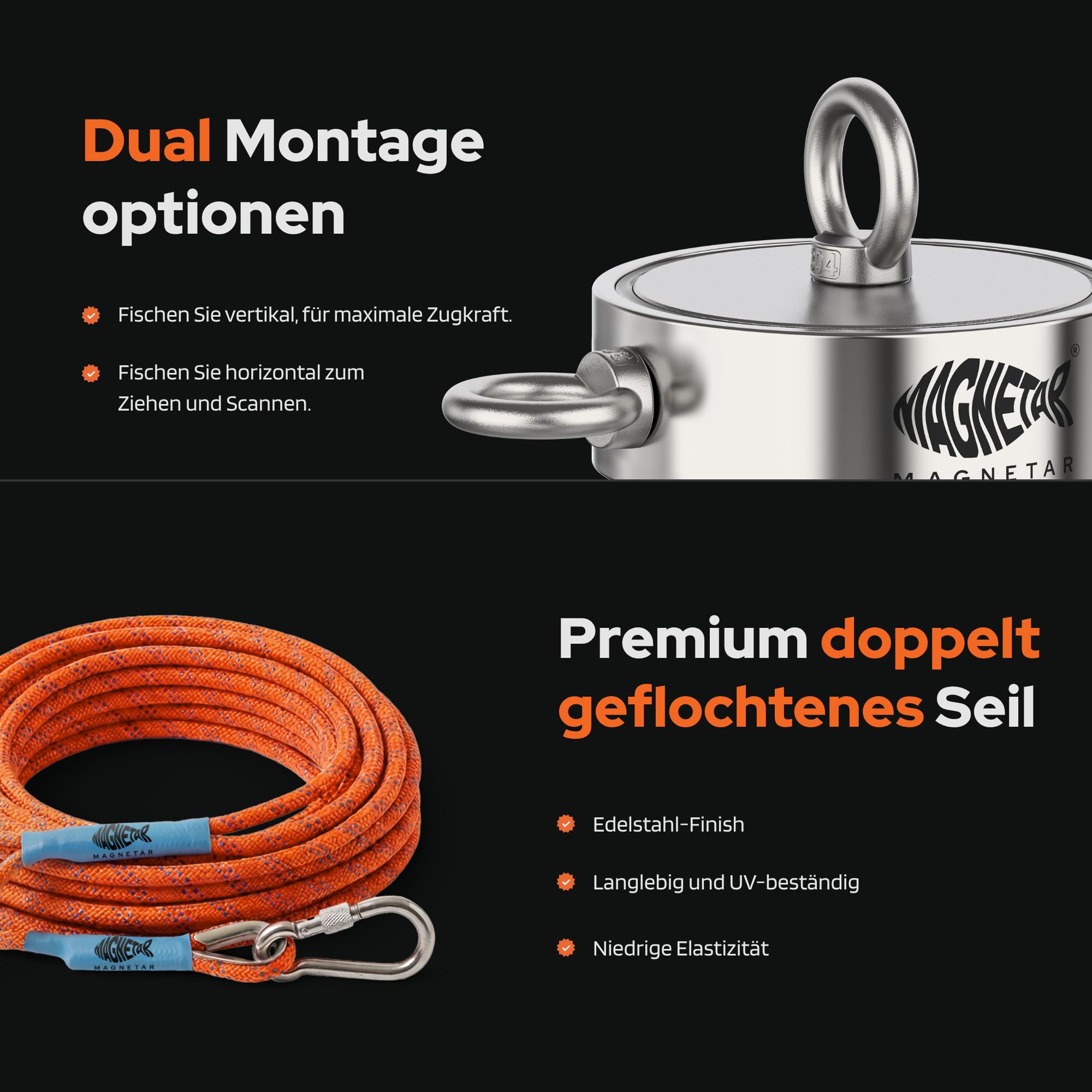 Magnetar - Magnetfischen Set - Doppelseitig 500kg Bergemagnet - Magnetangel Paket mit Doppelmagnet/Seil/Handschuhen/Kleber - Angelmagnet zum Magnet fischen