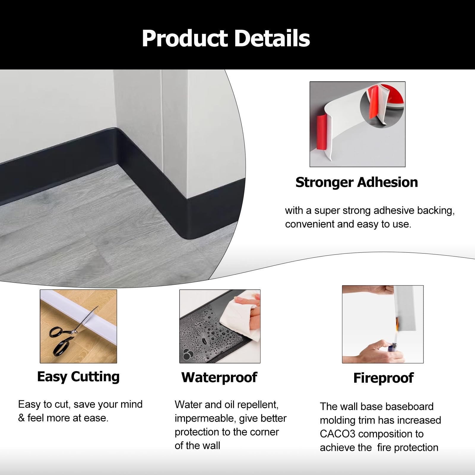 Battiscopa Modanatura per battiscopa con base a muro in PVC impermeabile nero per ufficio domestico, Modanatura per base a muro autoadesiva flessibile con design stacca e incolla, facile da installare