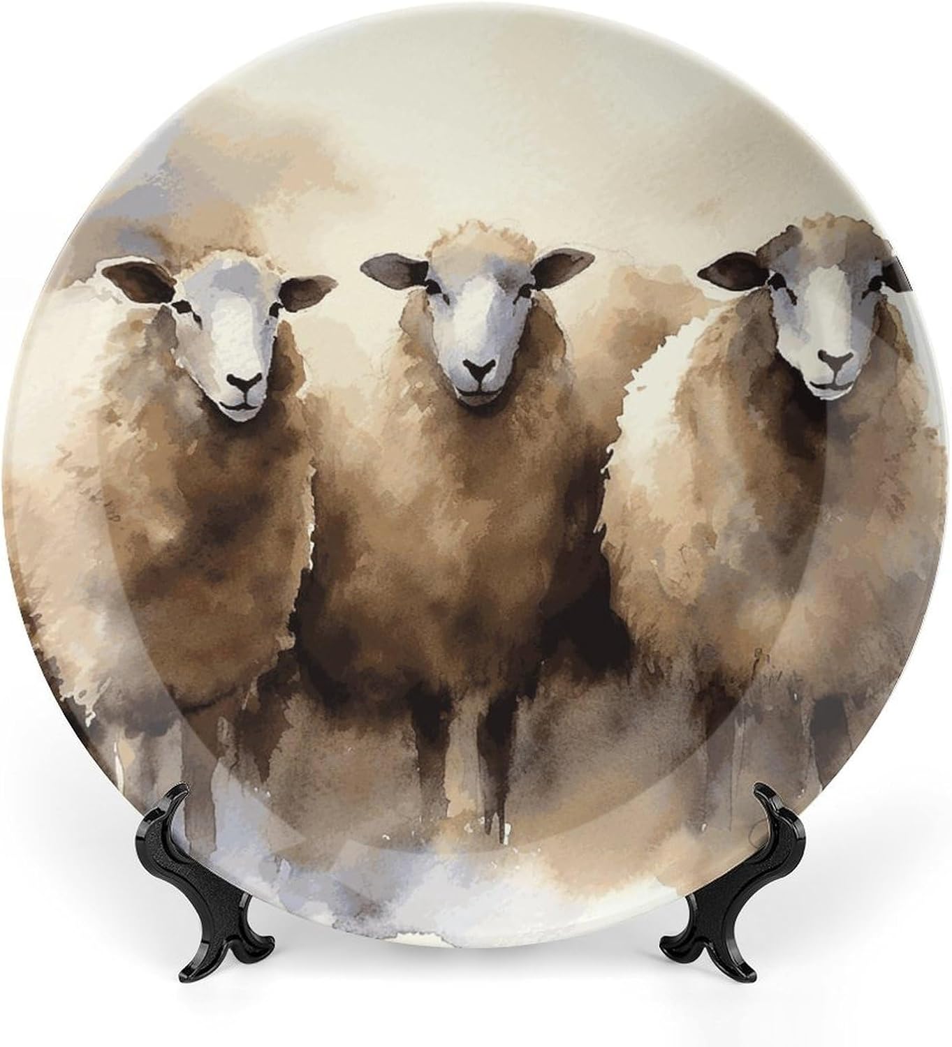 Sheeps Watercolor Bone China Decorative Plate with Display Stand, Ceramic Ornaments Plate for Wall Hanging, Personalized Porcelain Plates for Office, Living Room 10inch